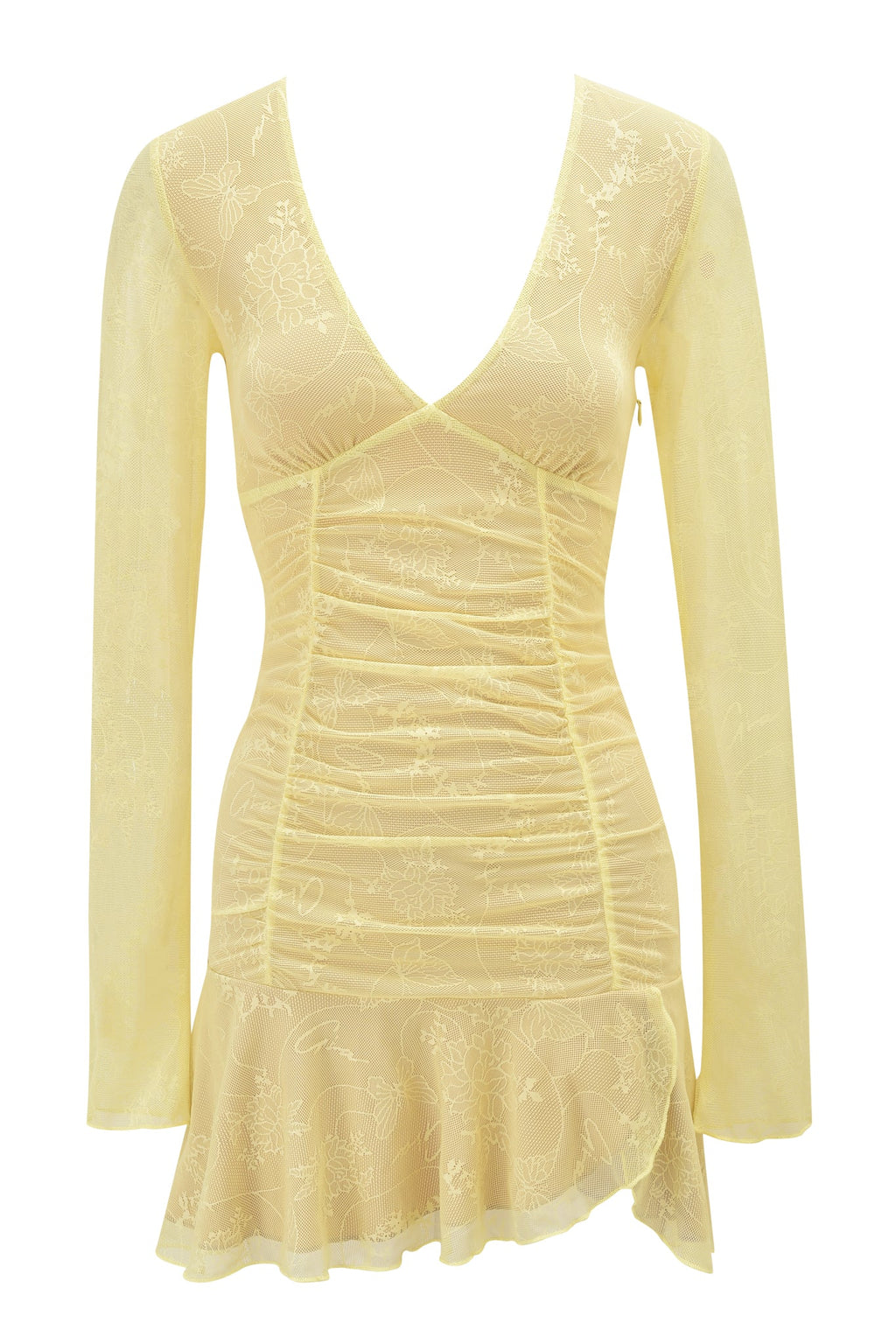 YVETTE LACE LONG SLEEVE RUCHED MINI DRESS - YELLOW