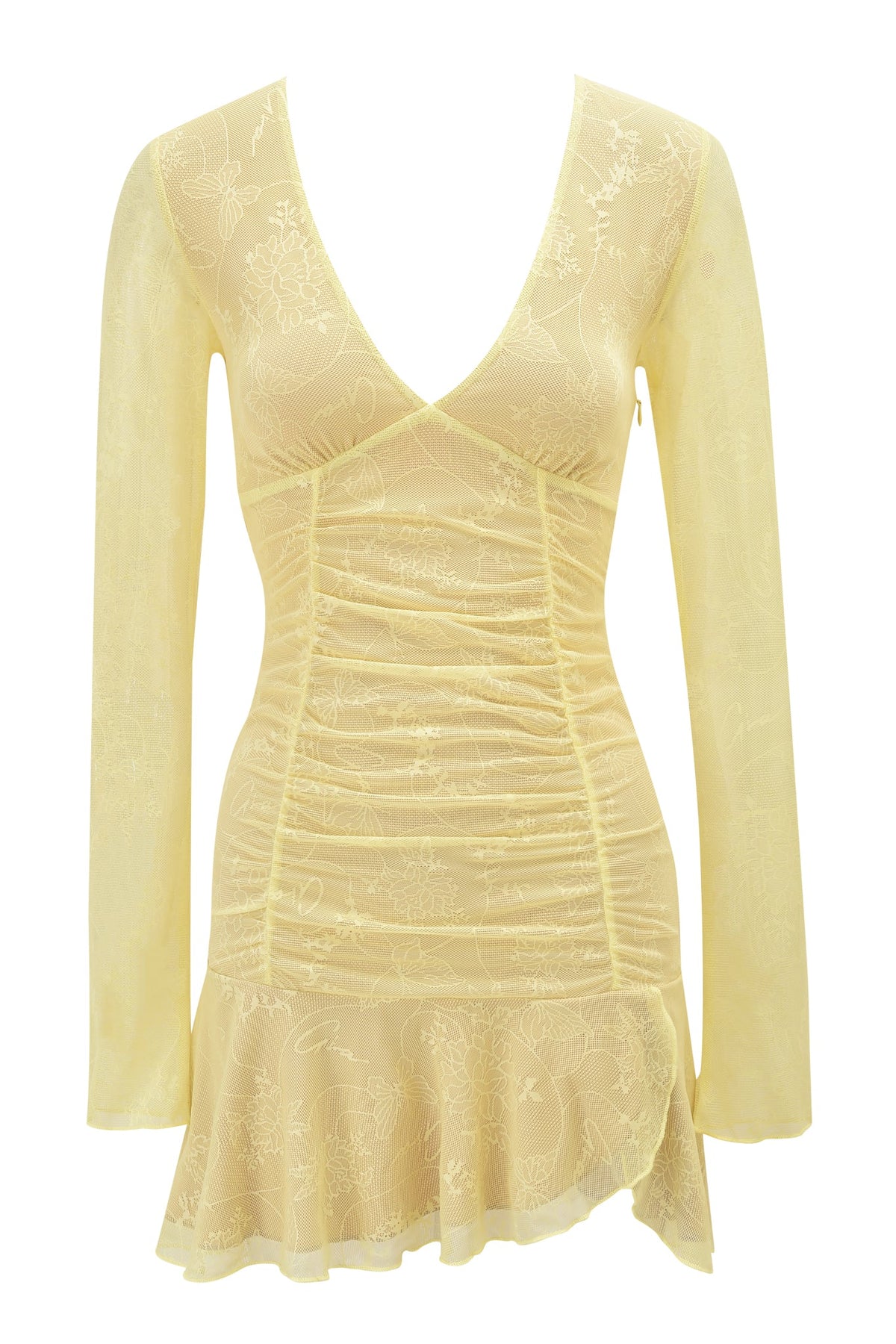 YVETTE LACE LONG SLEEVE RUCHED MINI DRESS - YELLOW