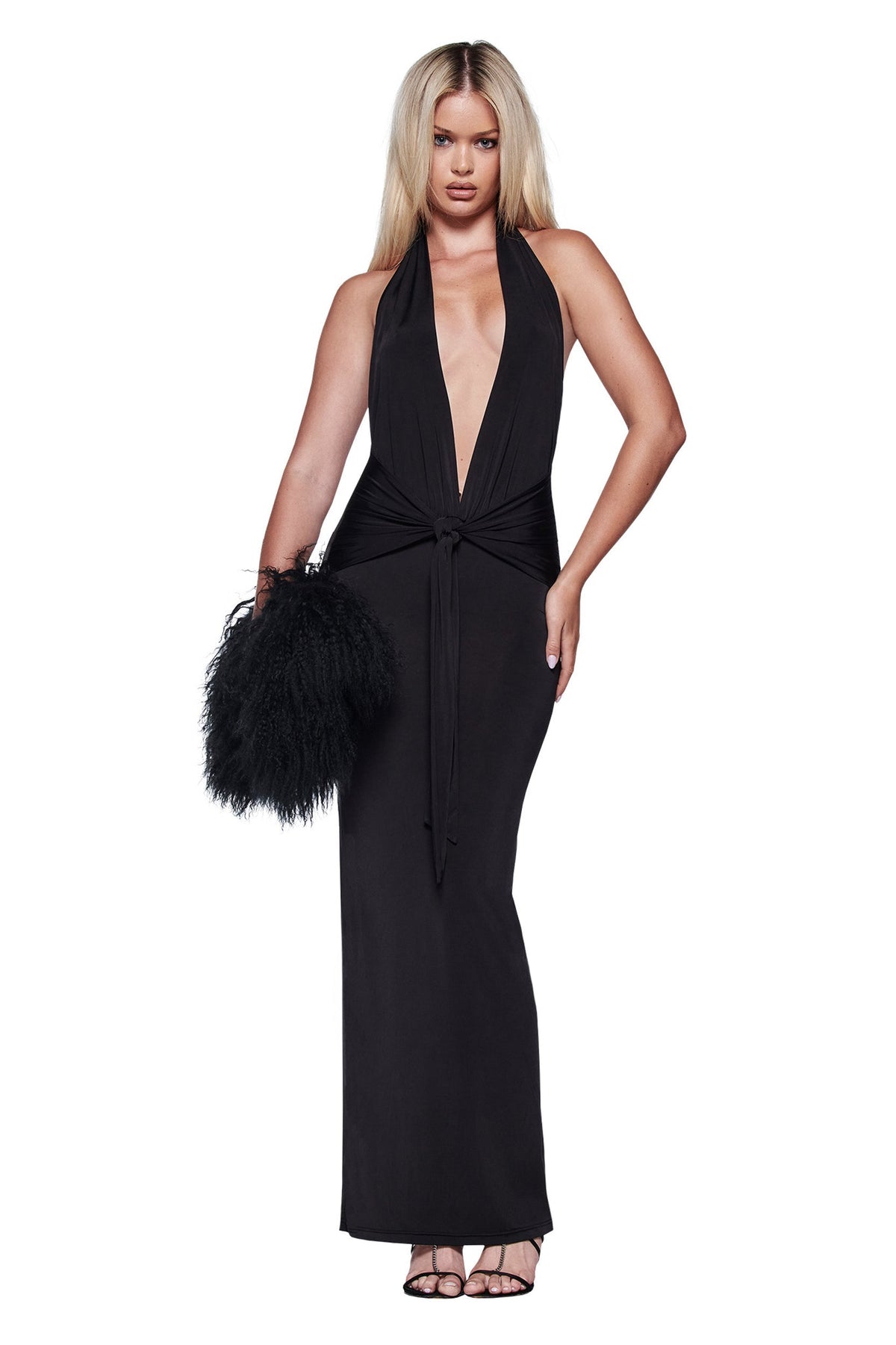 ZIVA PLUNGE TIE MAXI DRESS - BLACK