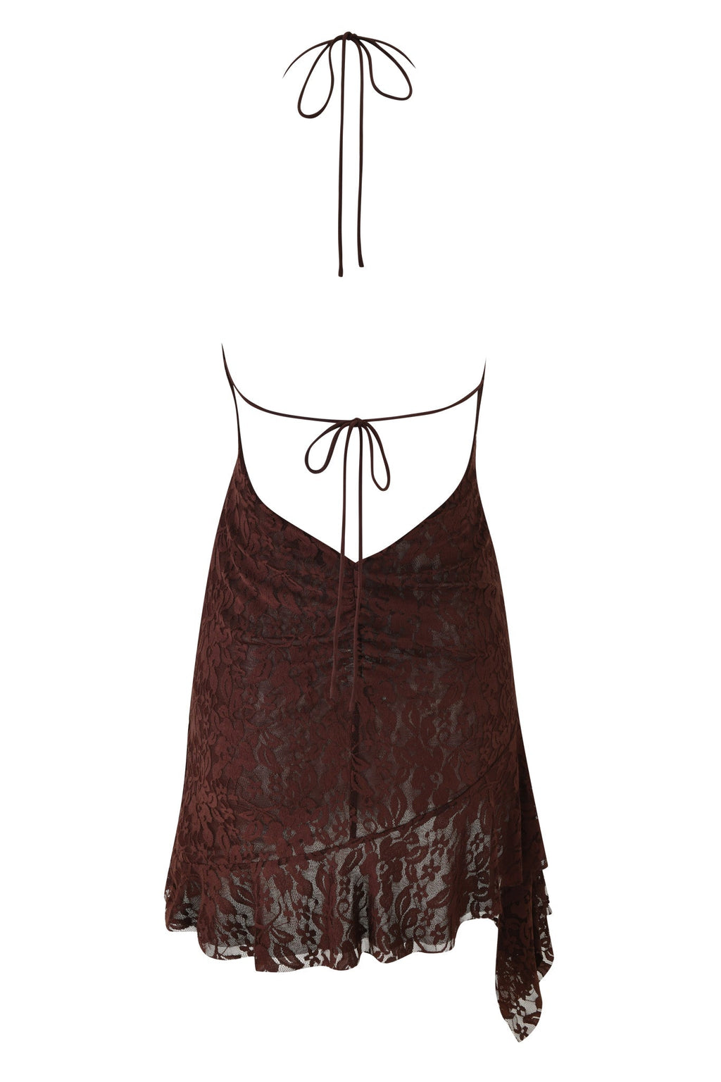 VIRA LACE HALTER RUFFLE MINI DRESS - BROWN : CHOCOLATE