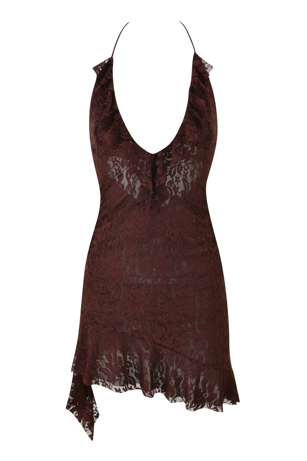 VIRA LACE HALTER RUFFLE MINI DRESS - BROWN : CHOCOLATE