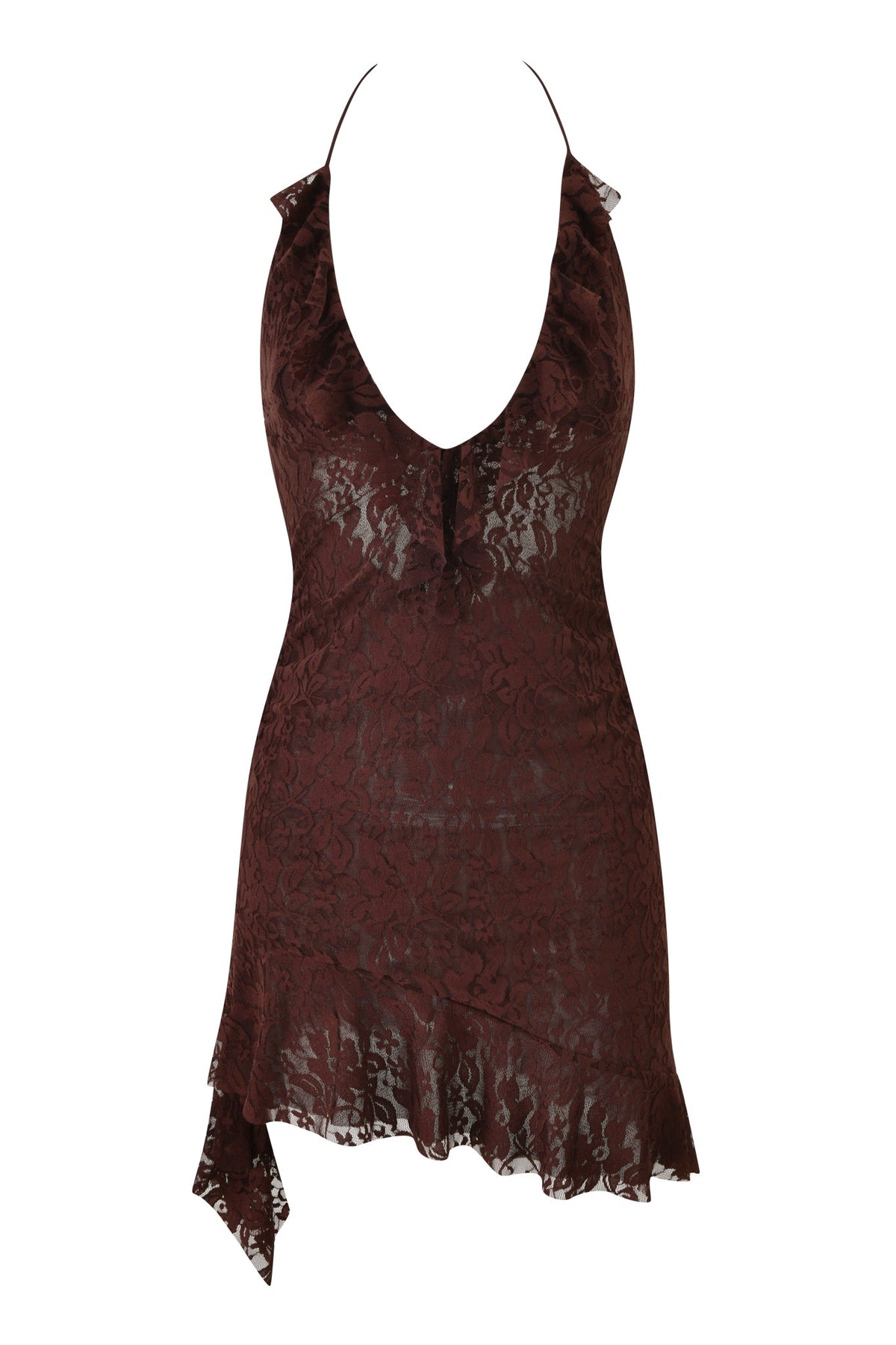 VIRA LACE HALTER RUFFLE MINI DRESS - BROWN : CHOCOLATE