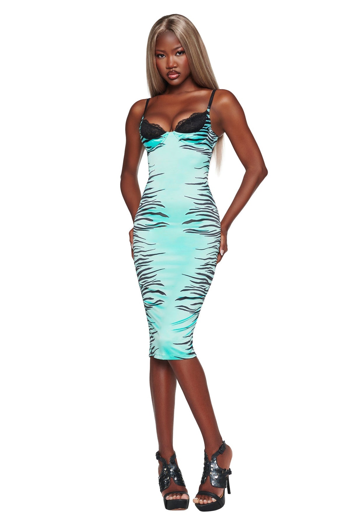CASSY MIDI DRESS - AQUA FINE LINE ZEBRA