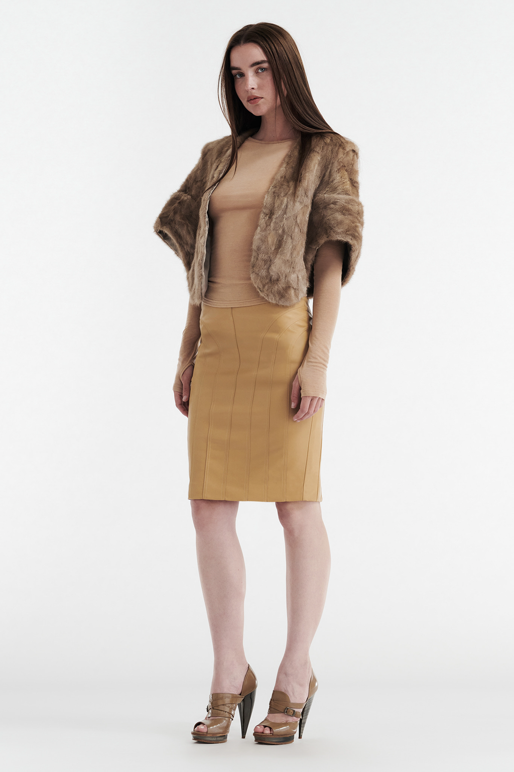 INES FAUX LEATHER PENCIL SKIRT - TAN