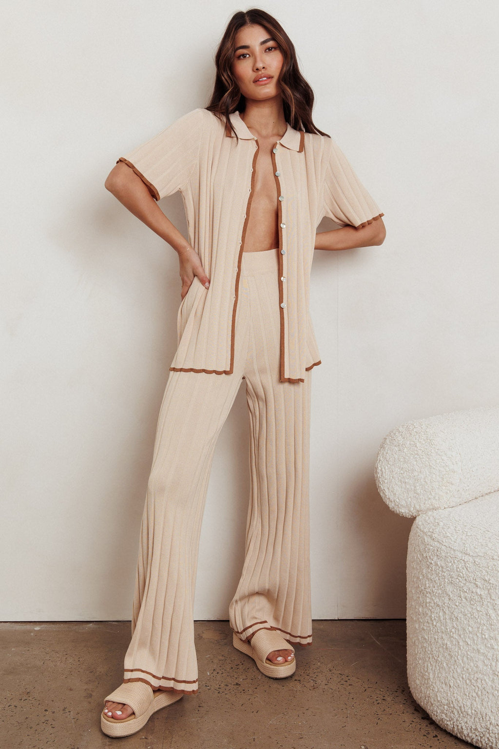 Liloh Ribbed Buttoned Shirt Beige