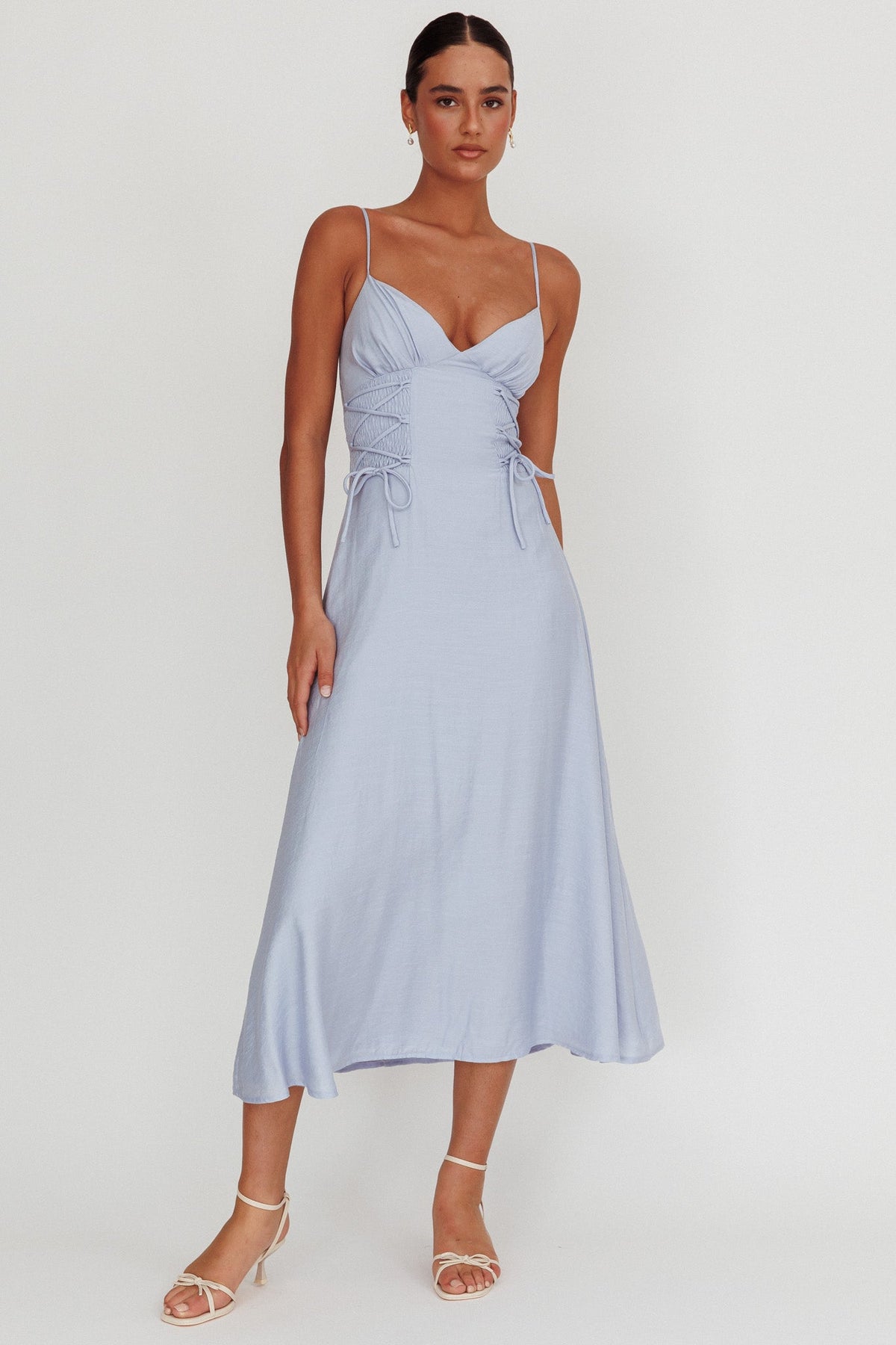 Kalaya Lace-Up Waist Midi Dress Light Blue