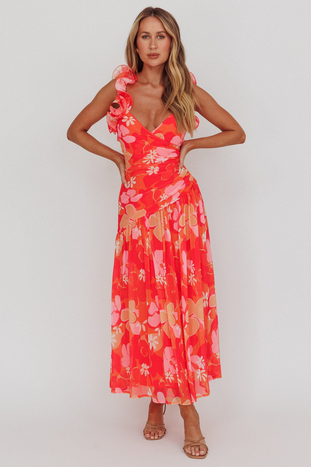 Kinley Ruffle Strap Maxi Dress Floral Orange