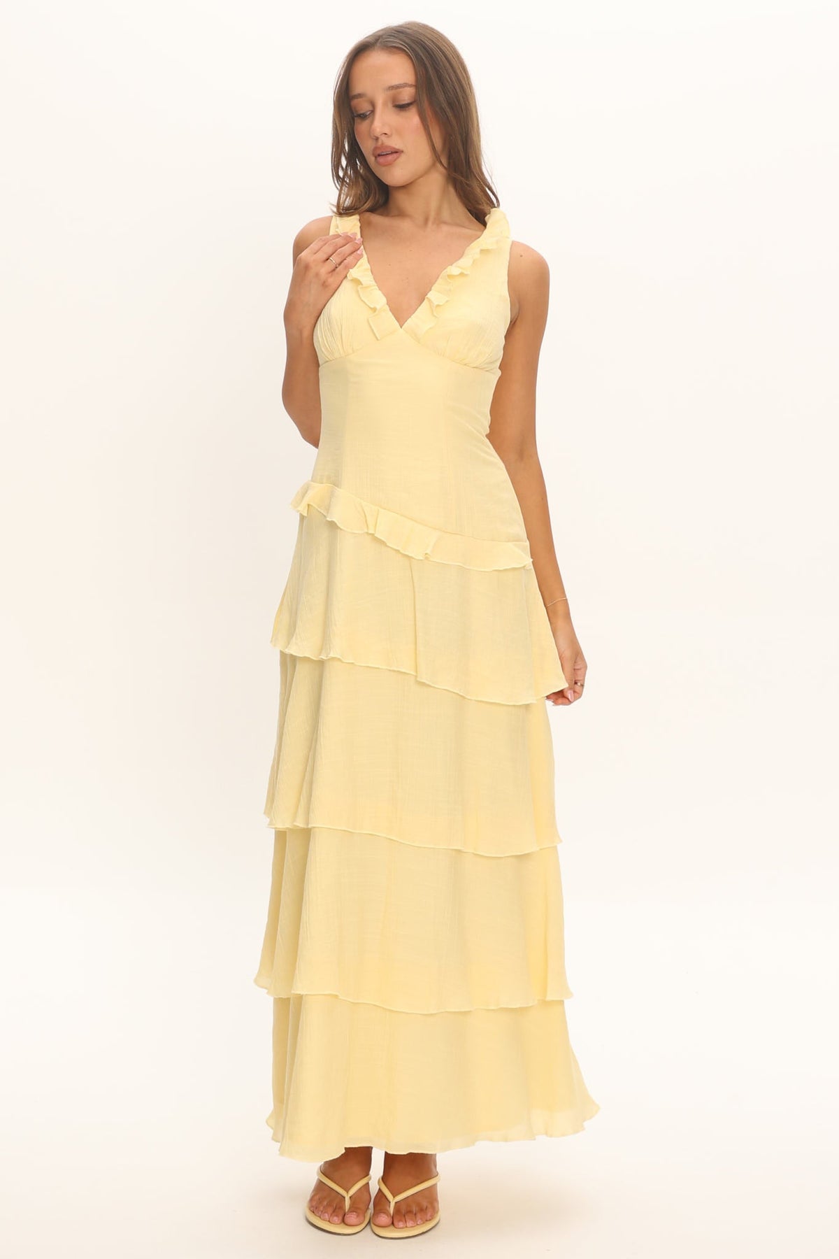 Khlara V-Neck Frill Trim Maxi Dress Butter