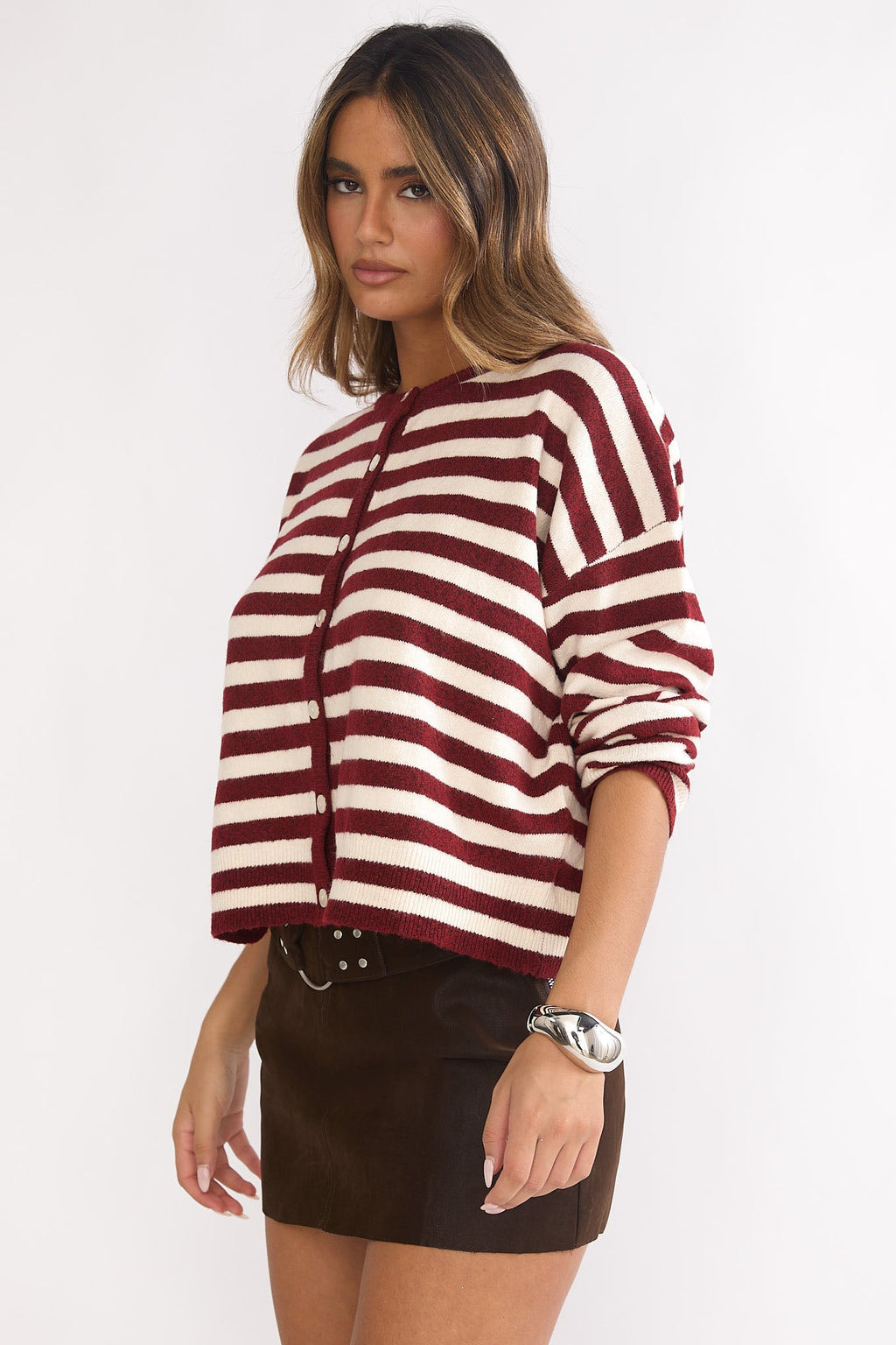 Ivyn Button Front Knitwear Top Stripe Crimson