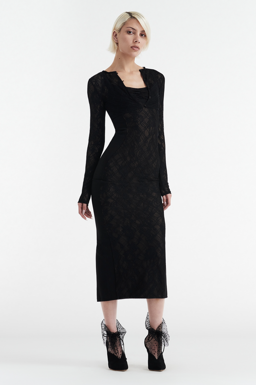 MARGOT TWO PIECE FITTED LACE MIDI DRESS - BLACK