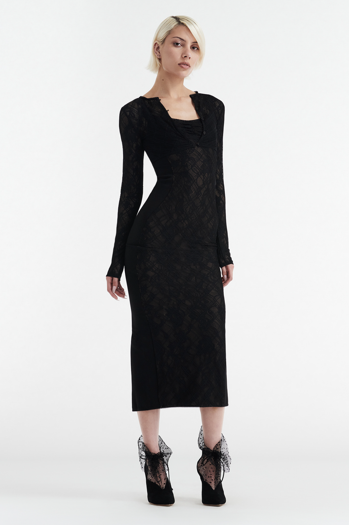 MARGOT TWO PIECE FITTED LACE MIDI DRESS - BLACK