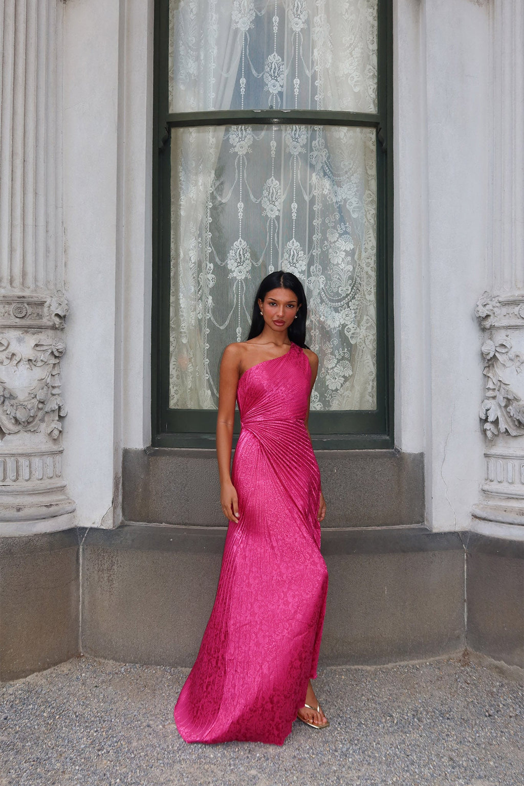 Amelie One-Shoulder Accordion Pleat Maxi Dress Floral Fuchsia