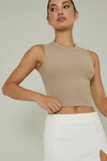 Mayra Crew Neck Crop Top Tan