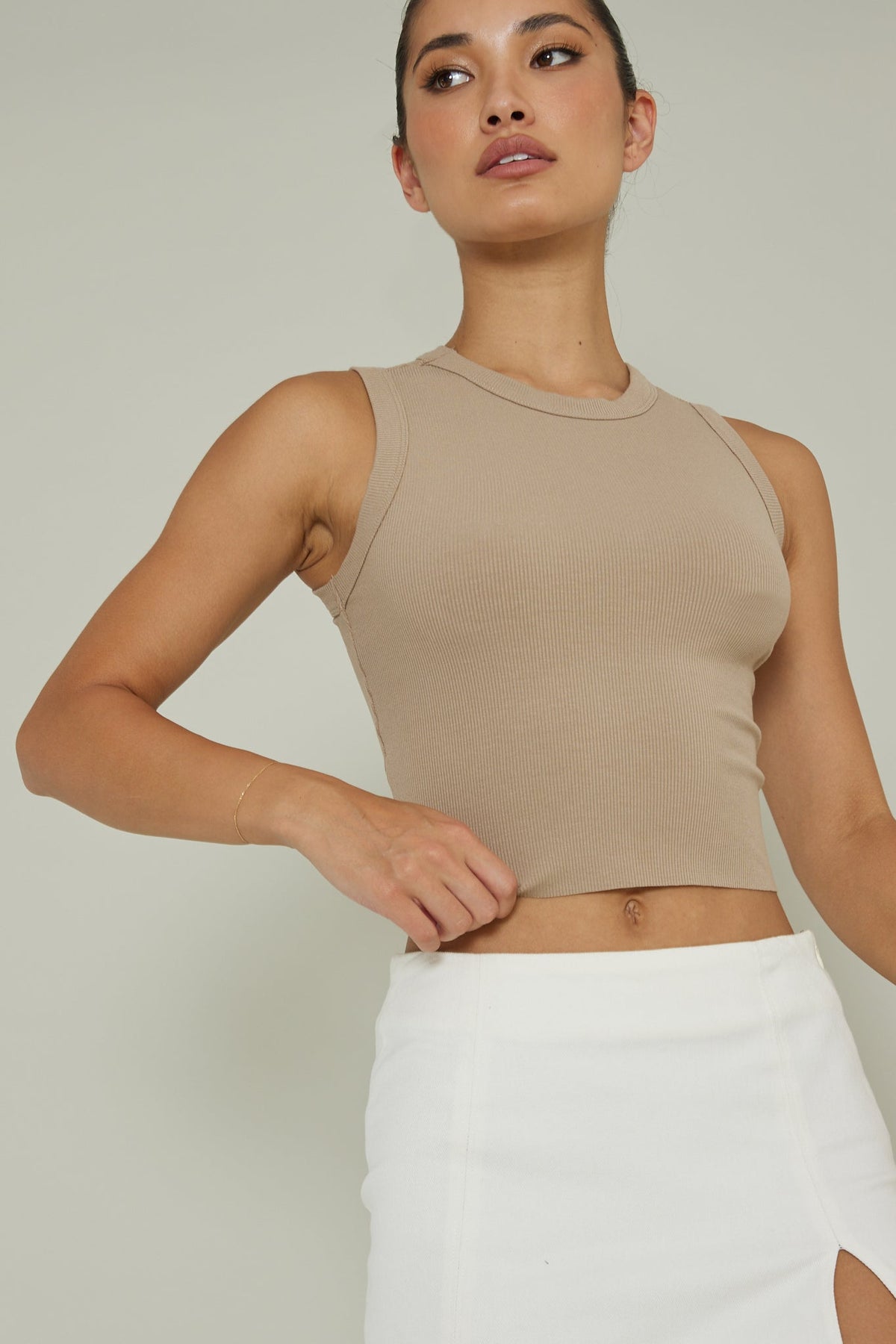 Mayra Crew Neck Crop Top Tan