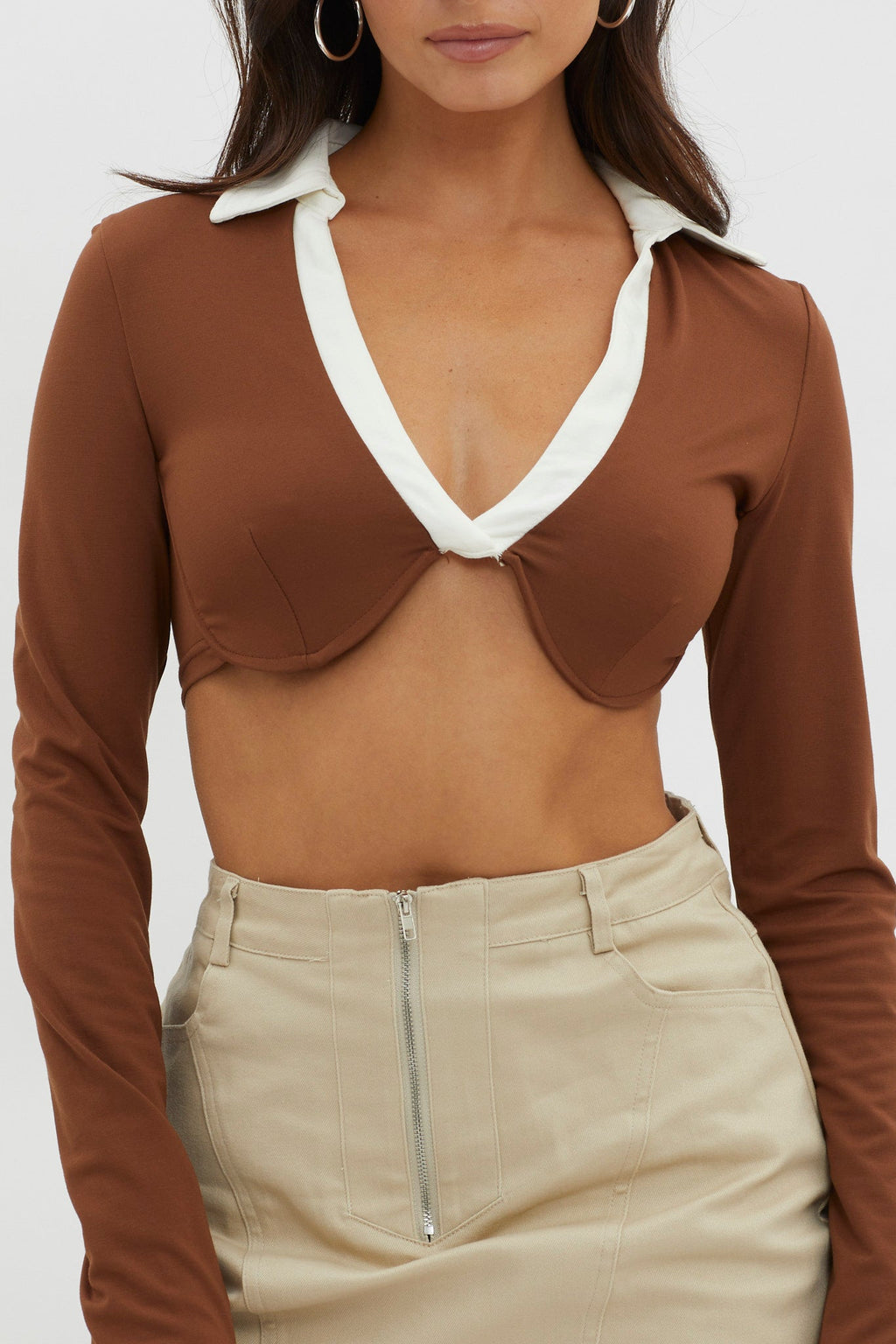 Mic Drop Collared Crop Top Chocolate