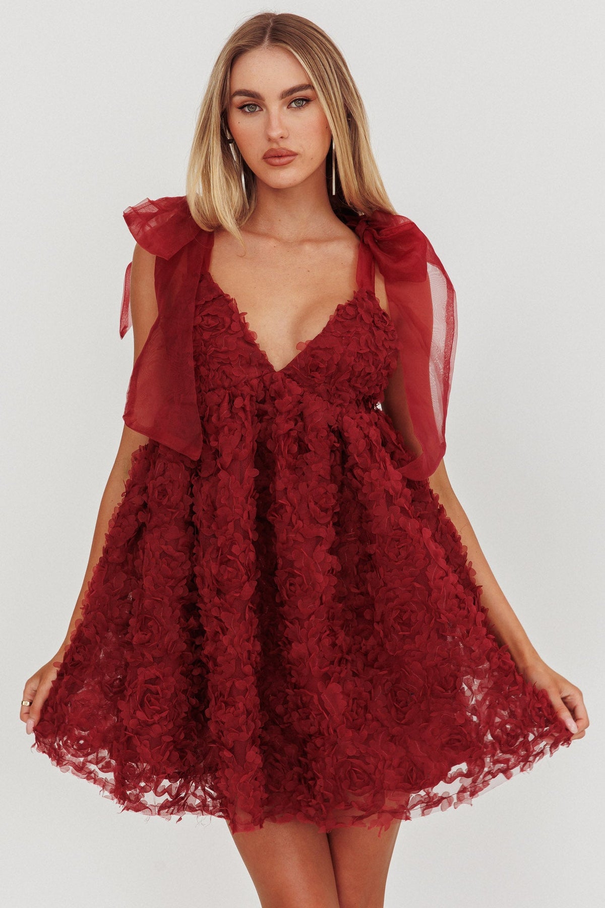 Lisette Tied Shoulder Embellished Mini Dress Wine