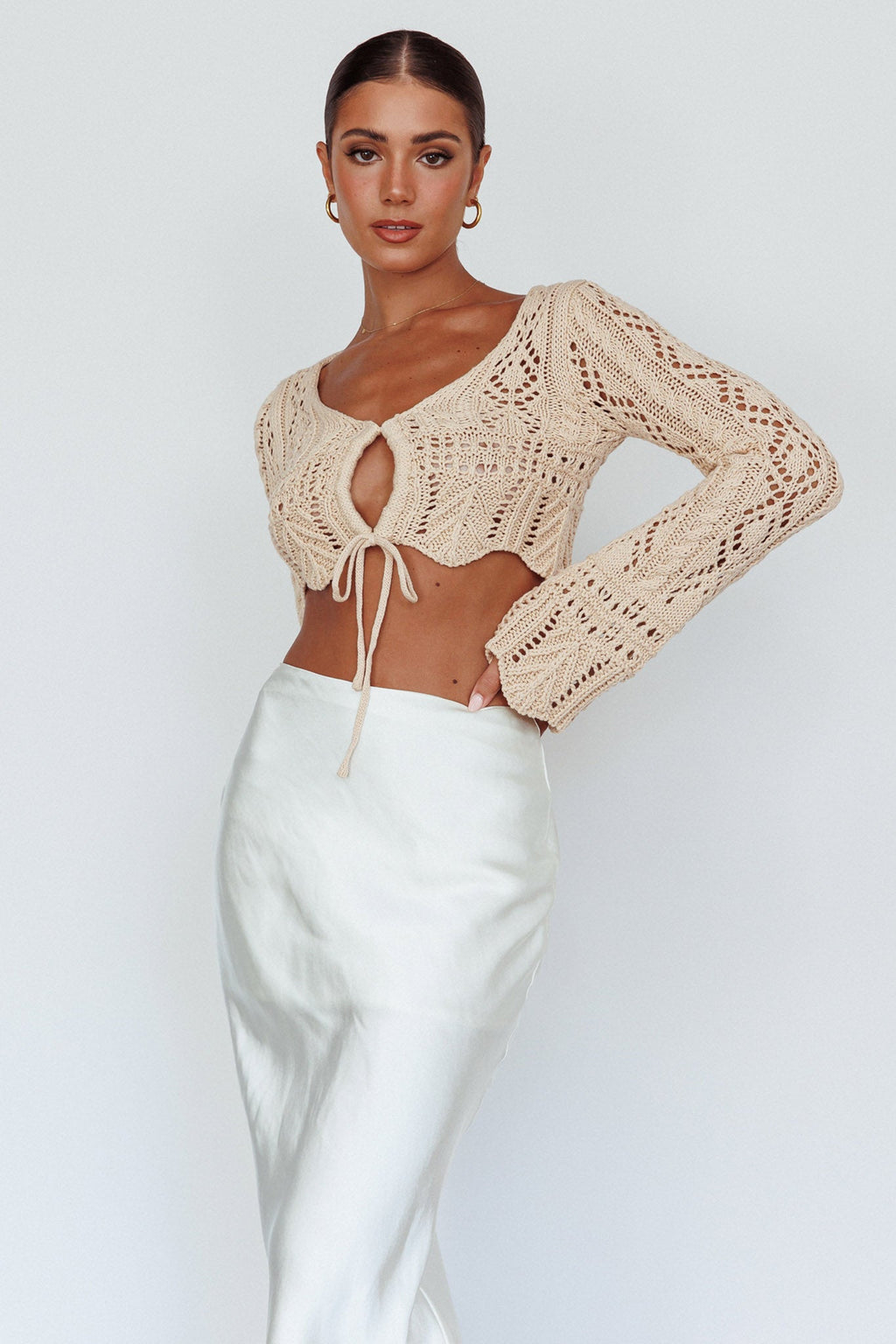 Maycie Long Sleeve Crochet Crop Top Beige