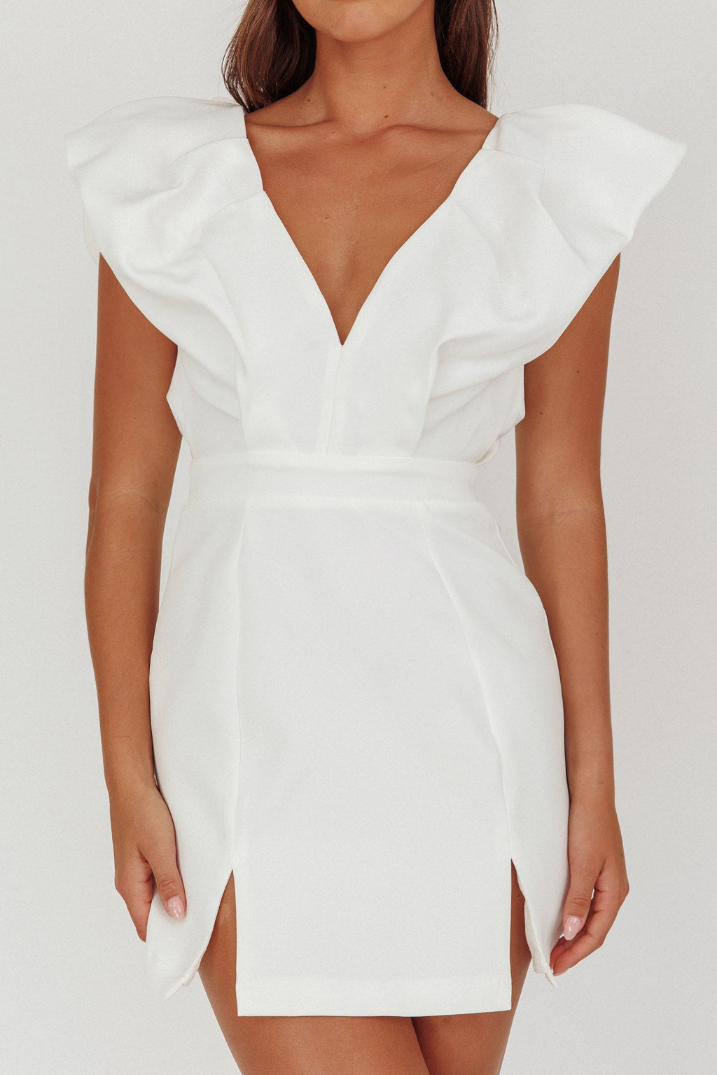 Liardon Bubble Sleeve V-Neckline Mini Dress White