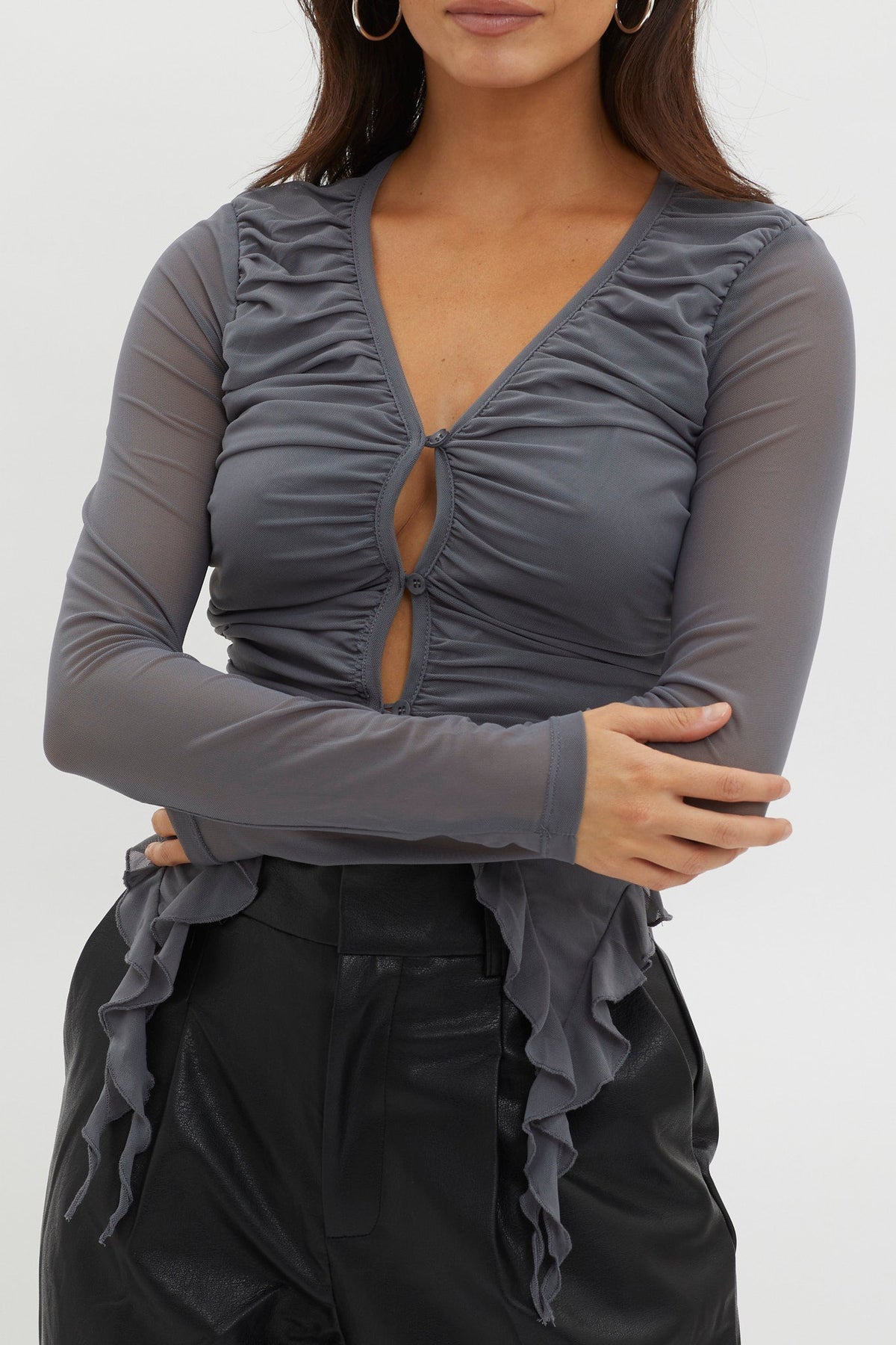 She's Unstoppable Ruffle Trim Mesh Top Pewter Grey