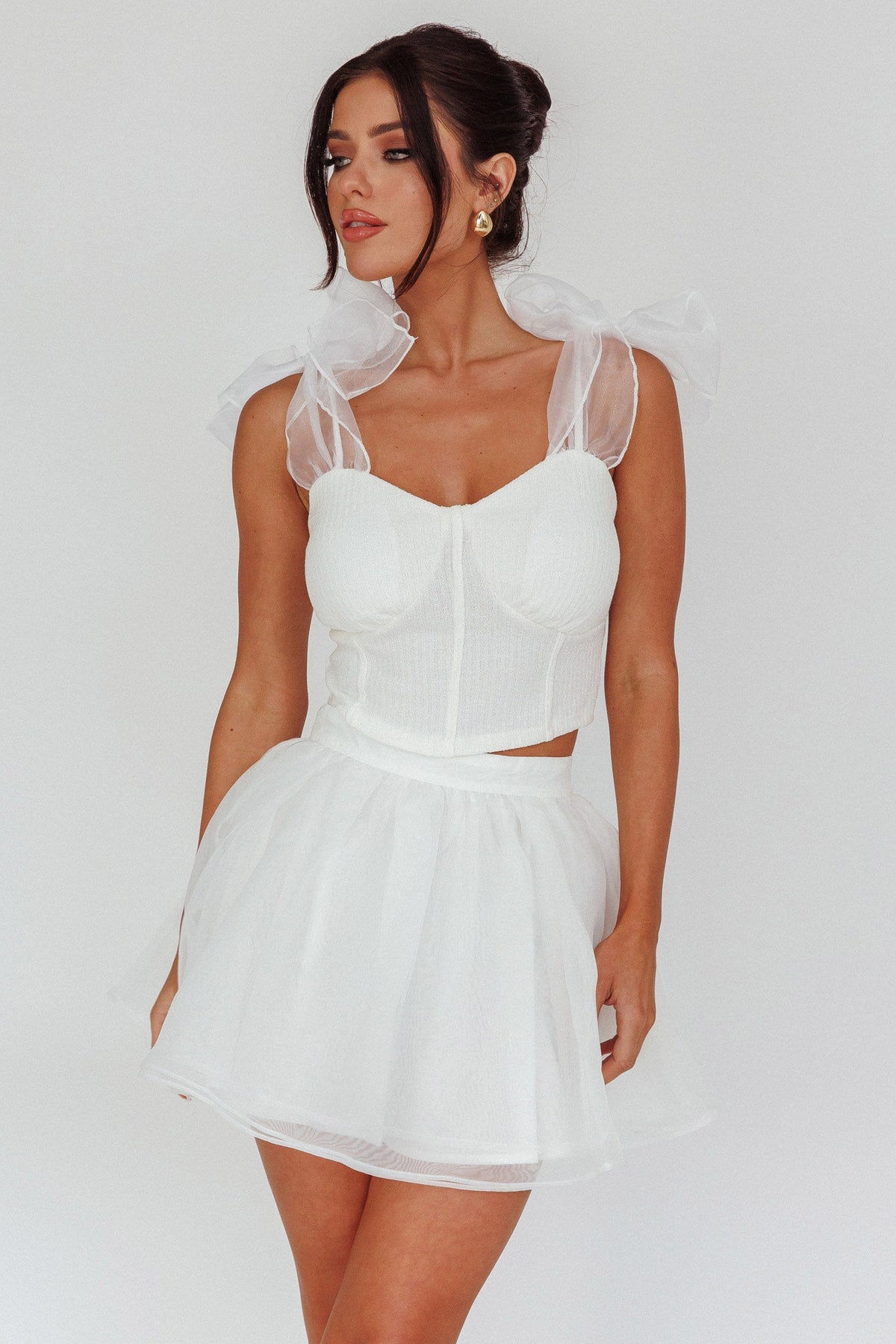 High Class Bow Shoulder Crop Top White