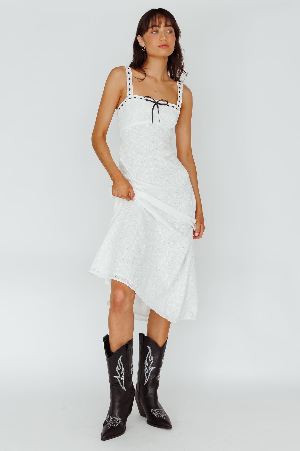 Sunbeam Eyelet Embroidery Bow Midi Dress White