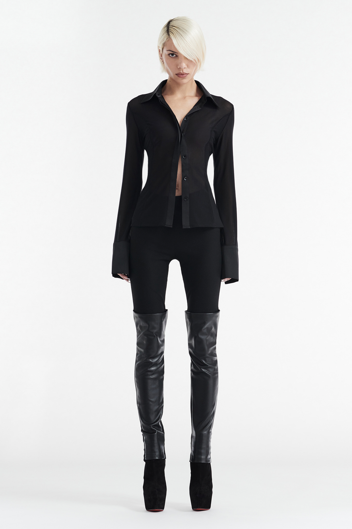 SOLANGE MESH LONG SLEEVE BUTTON UP SHIRT - BLACK