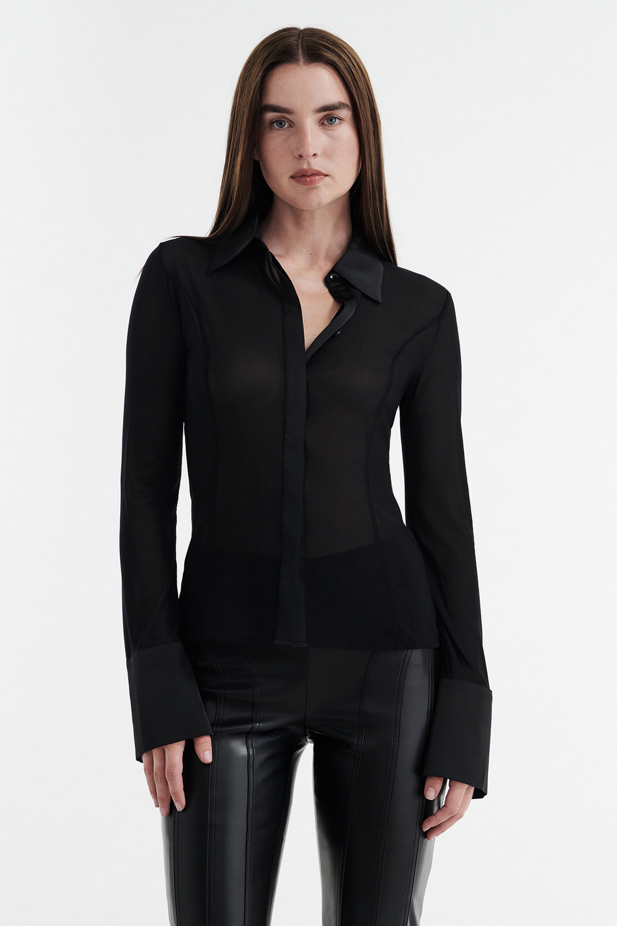SOLANGE MESH LONG SLEEVE BUTTON UP SHIRT - BLACK