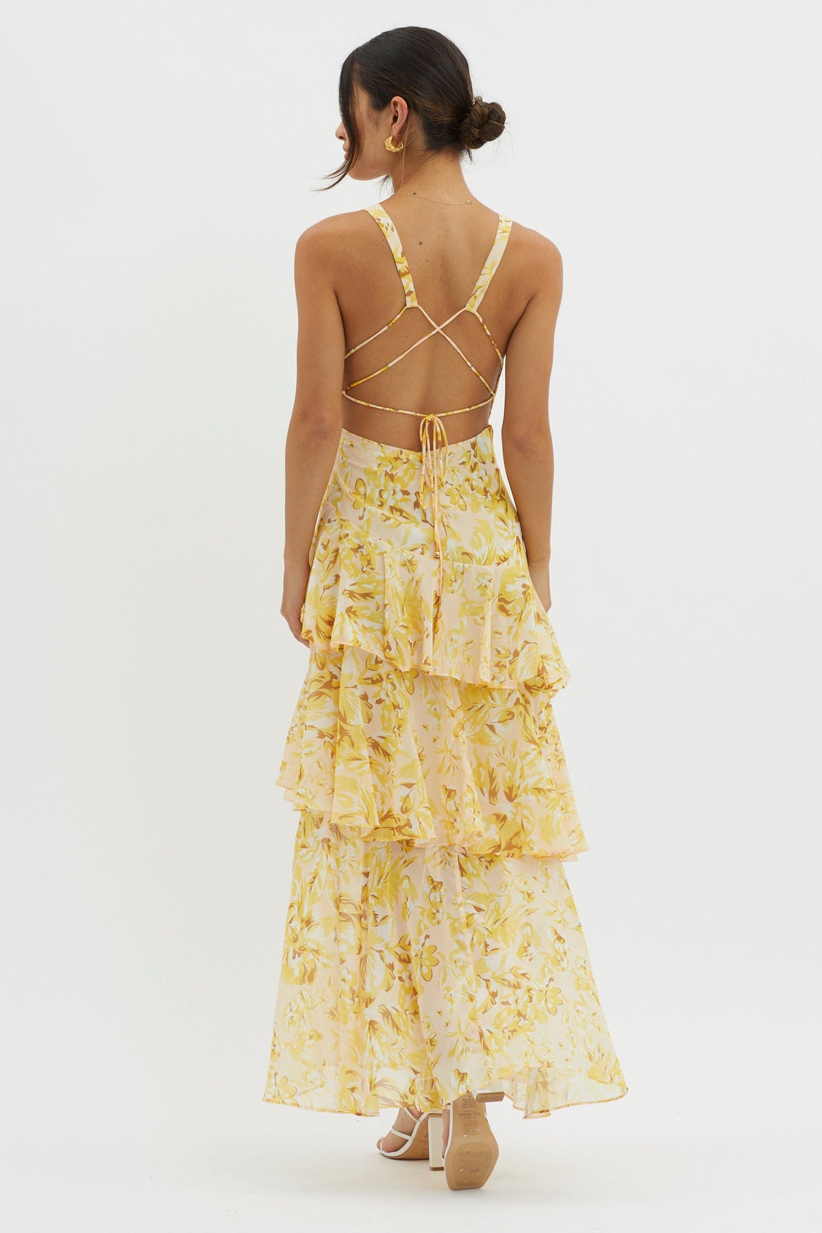 Veda Strappy Back Ruffle Midi Dress Floral Yellow