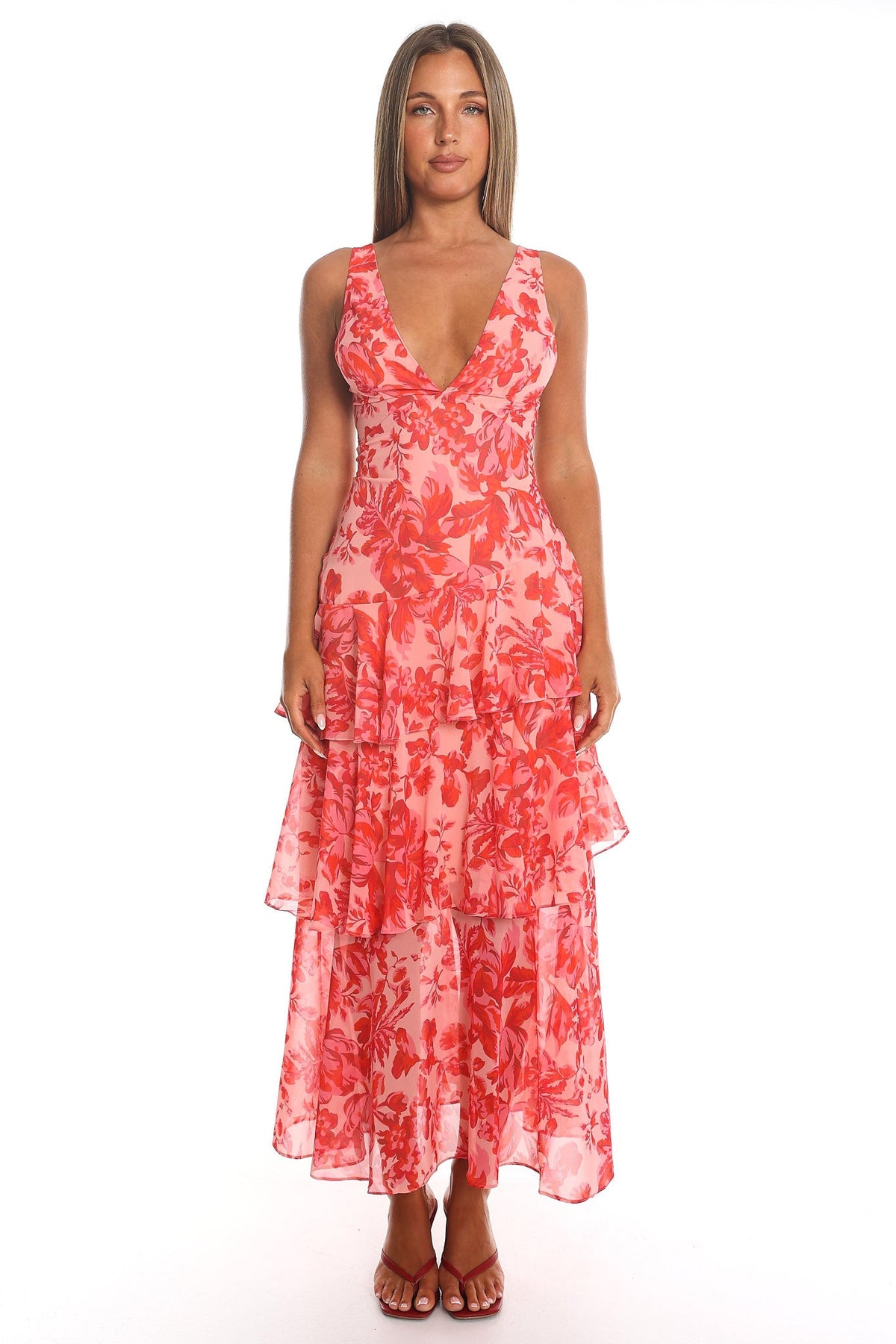 Veda Strappy Back Ruffle Midi Dress Floral Red