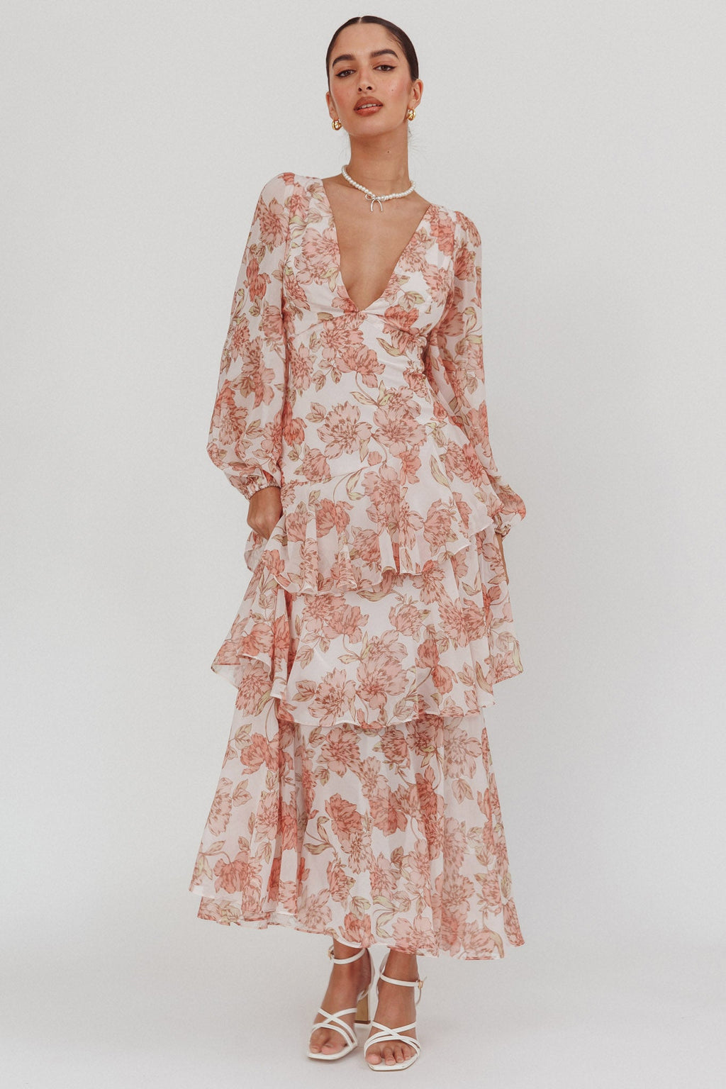 Veda Long Sleeve Floral Tiered Ruffle Maxi Dress Peach
