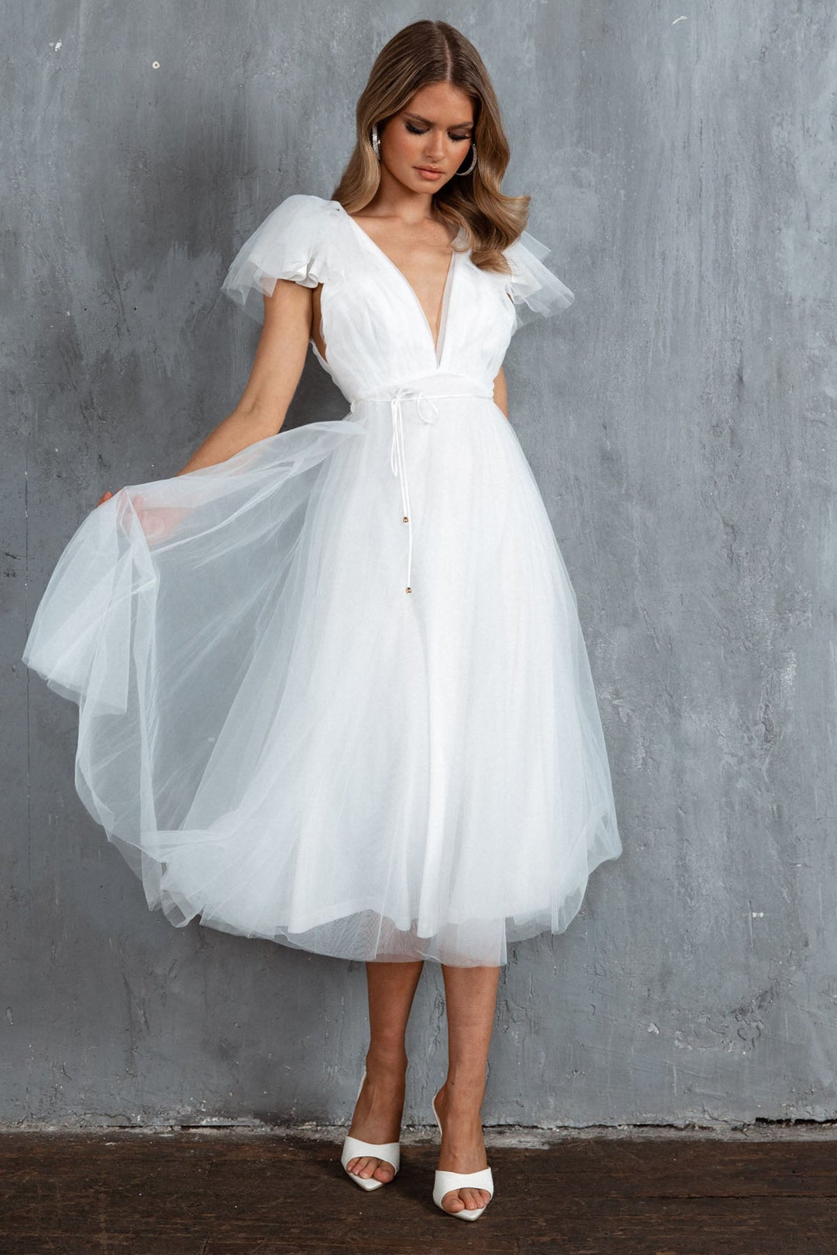 Leap Of Faith Frill Shoulder Tulle Midi Dress White