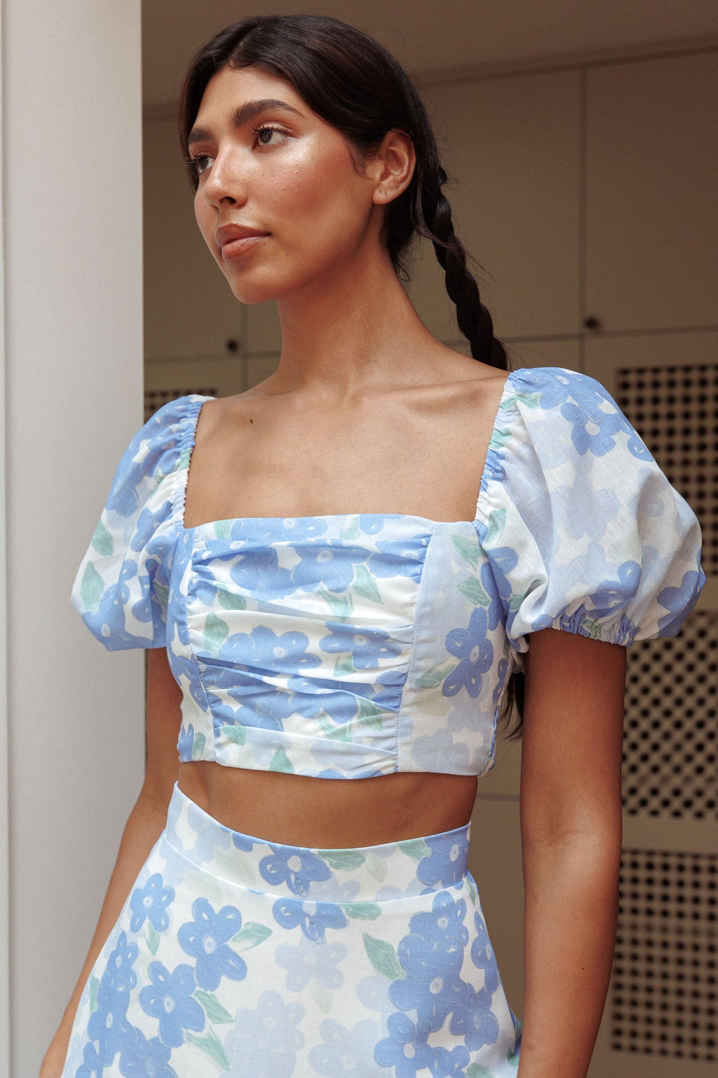 The Moment Puff Sleeve Crop Top Floral Blue
