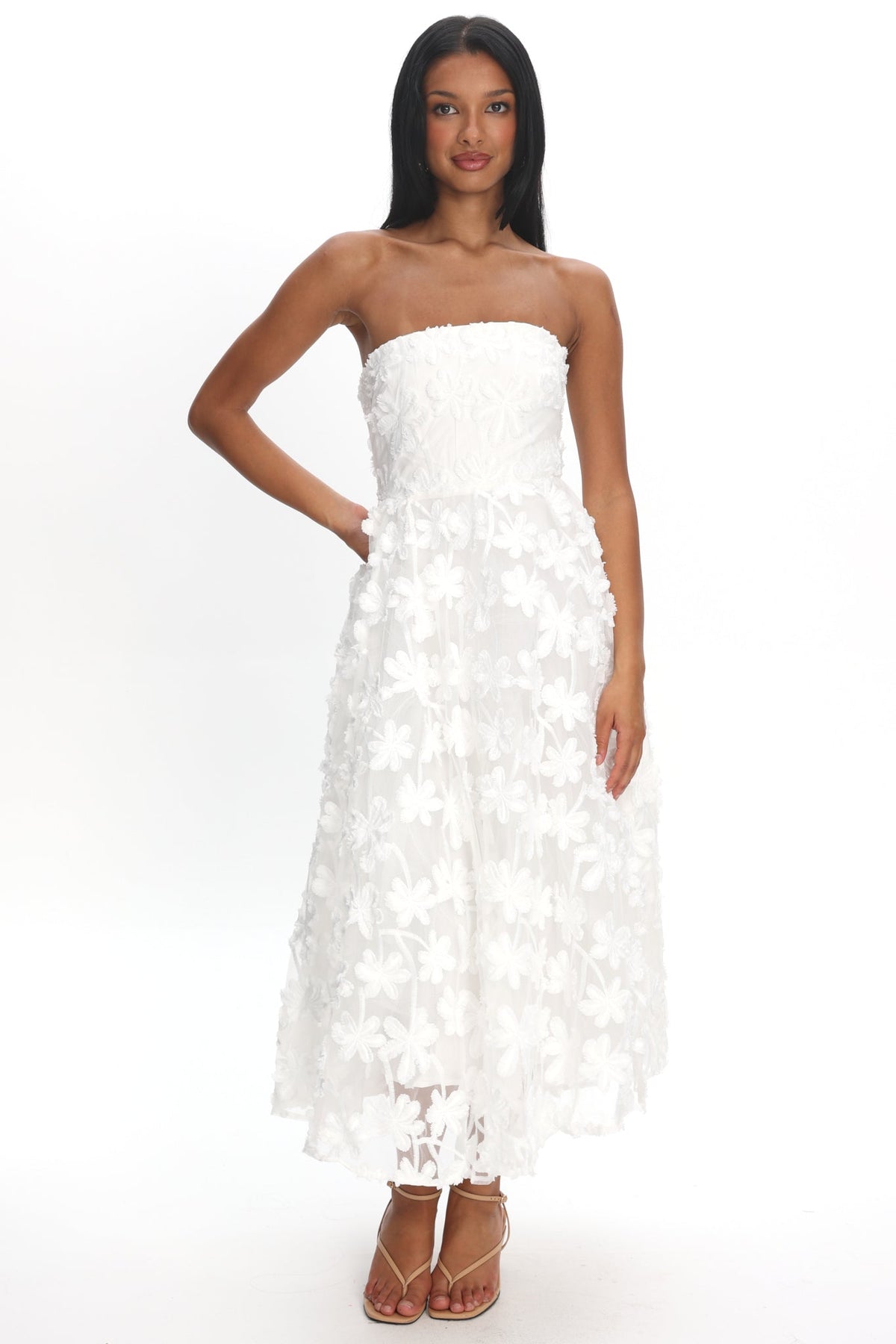 Dori Floral Embellished Midi Dress White