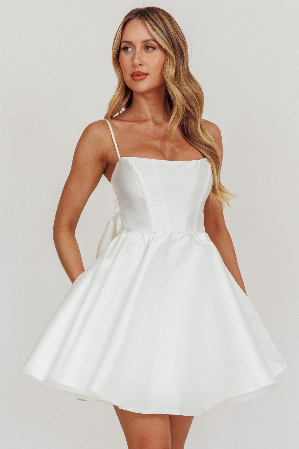 Athens Flared Bow Mini Dress White