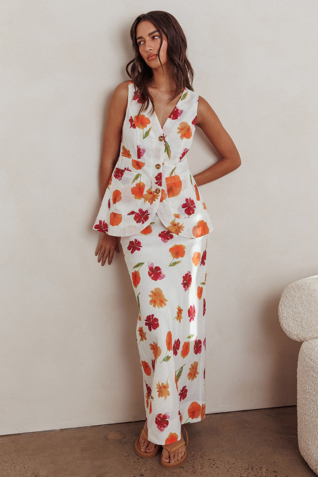 Philomena Button Front Pocket Vest Top Floral Orange Multi