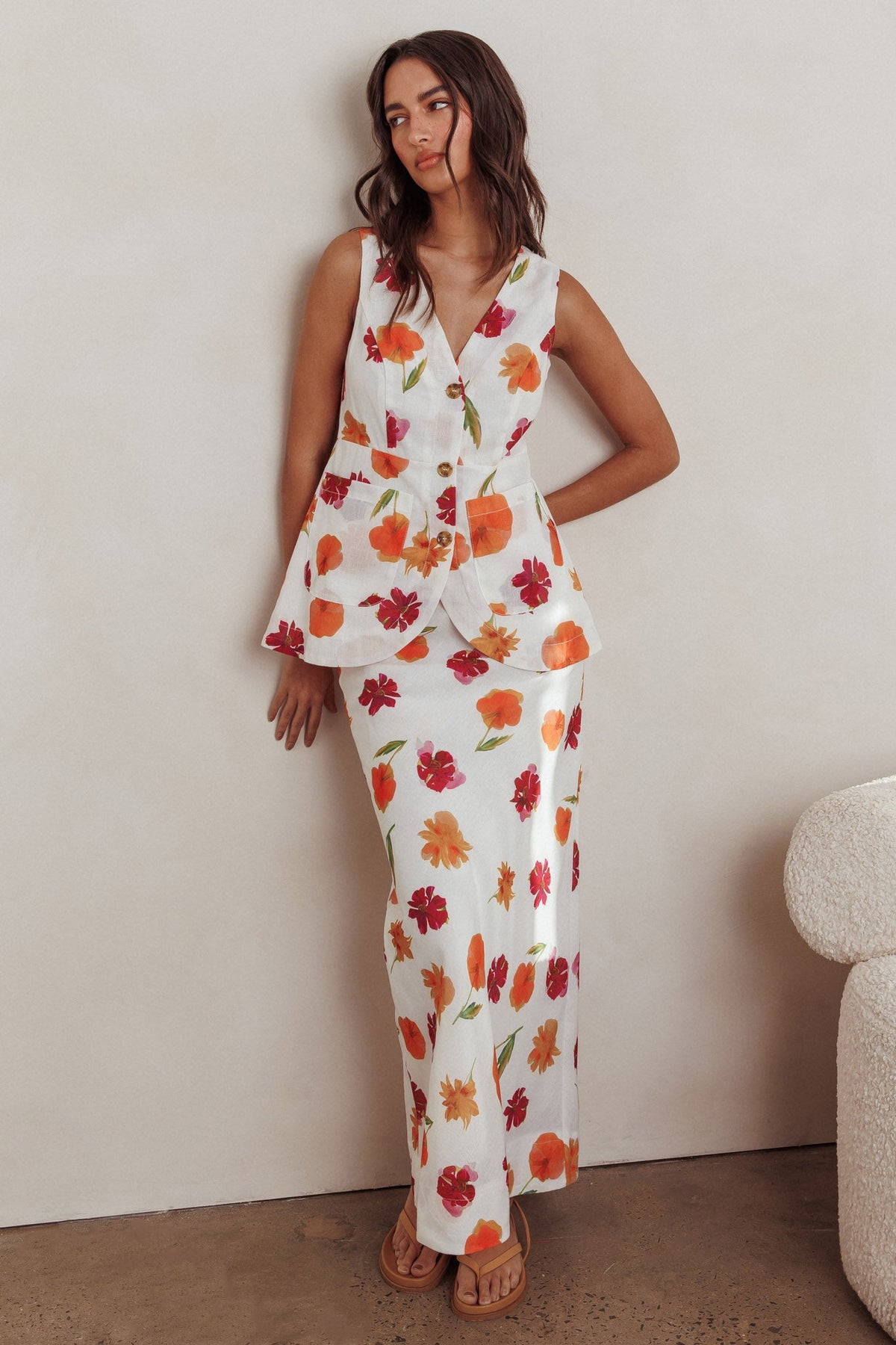 Philomena Button Front Pocket Vest Top Floral Orange Multi