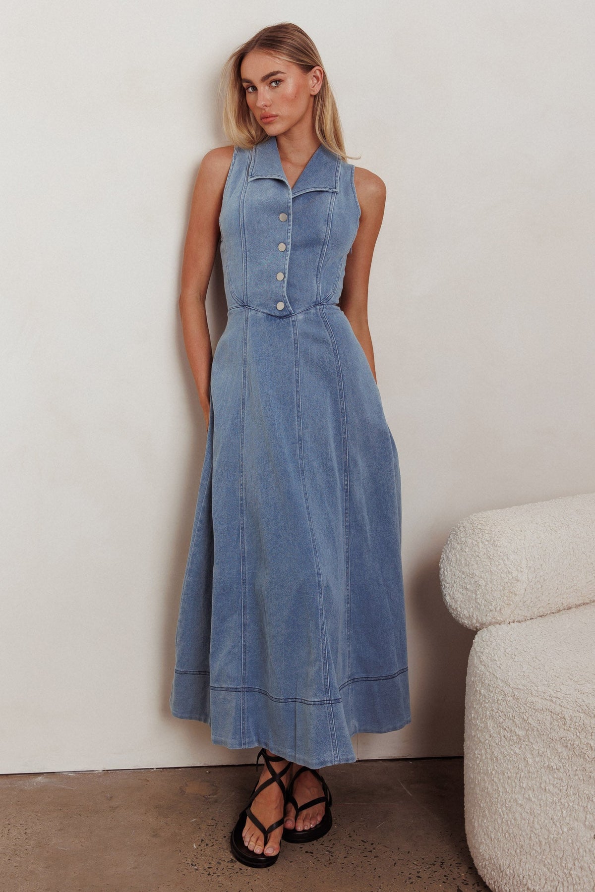 Entertain Me Sleeveless A-Line Maxi Dress Denim Blue