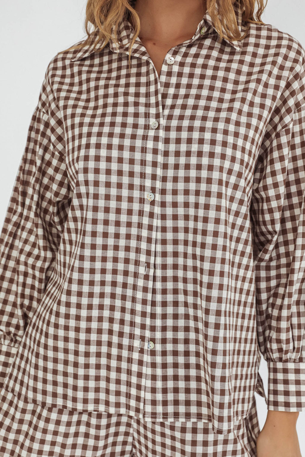 Weekends Away Long Sleeve Button Top Brown Check
