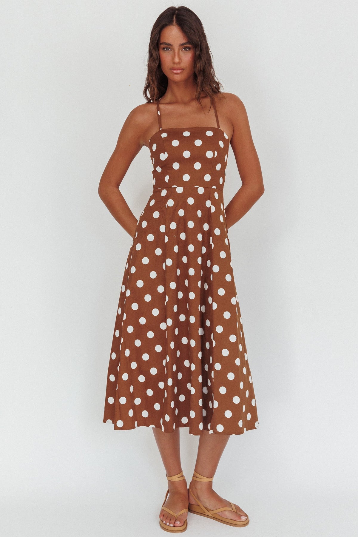 Second Glance Olga Criss-Cross Back Midi Dress Polka Dot Brown