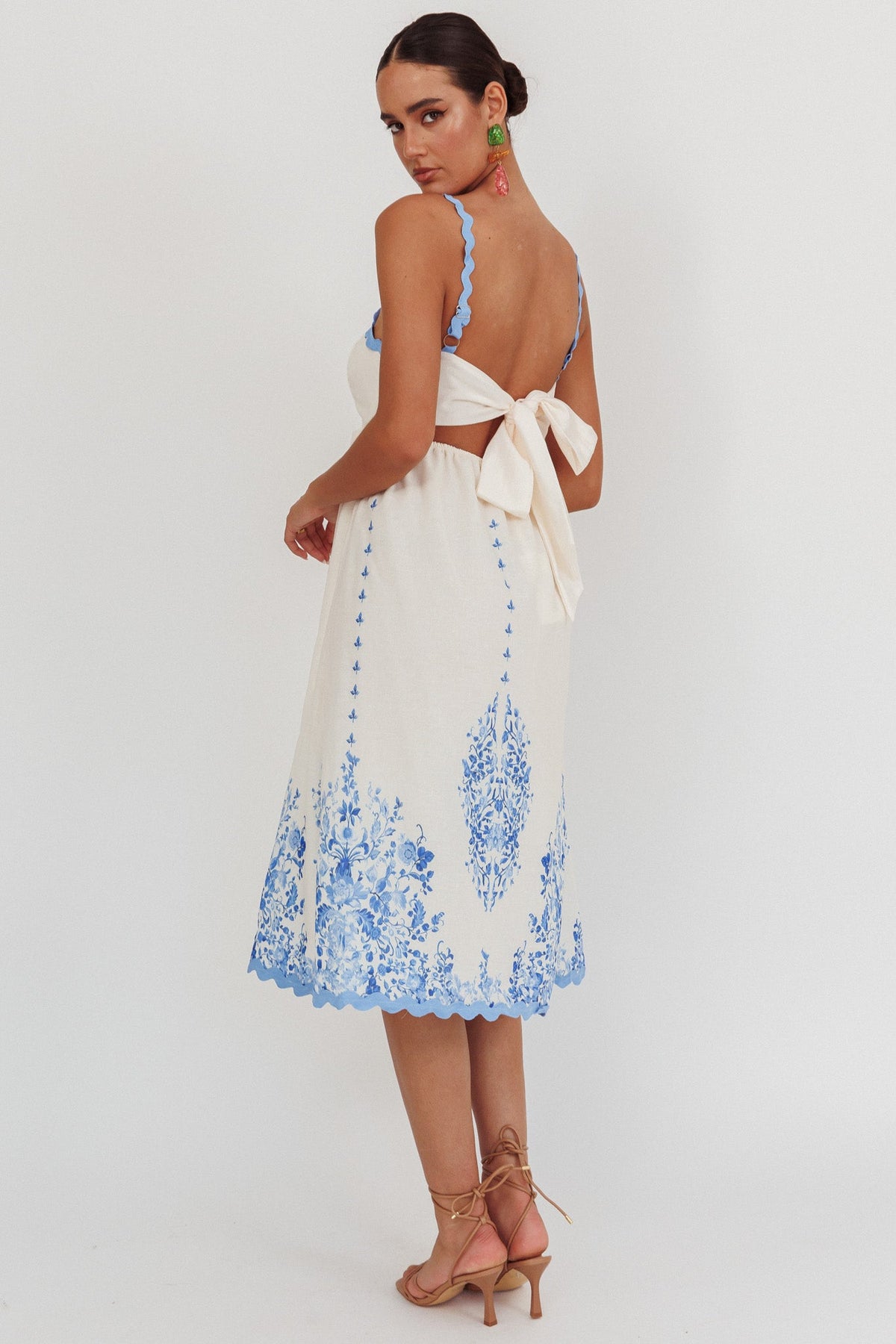 Asami Floral Print Ric Rac Trim Midi Dress Blue