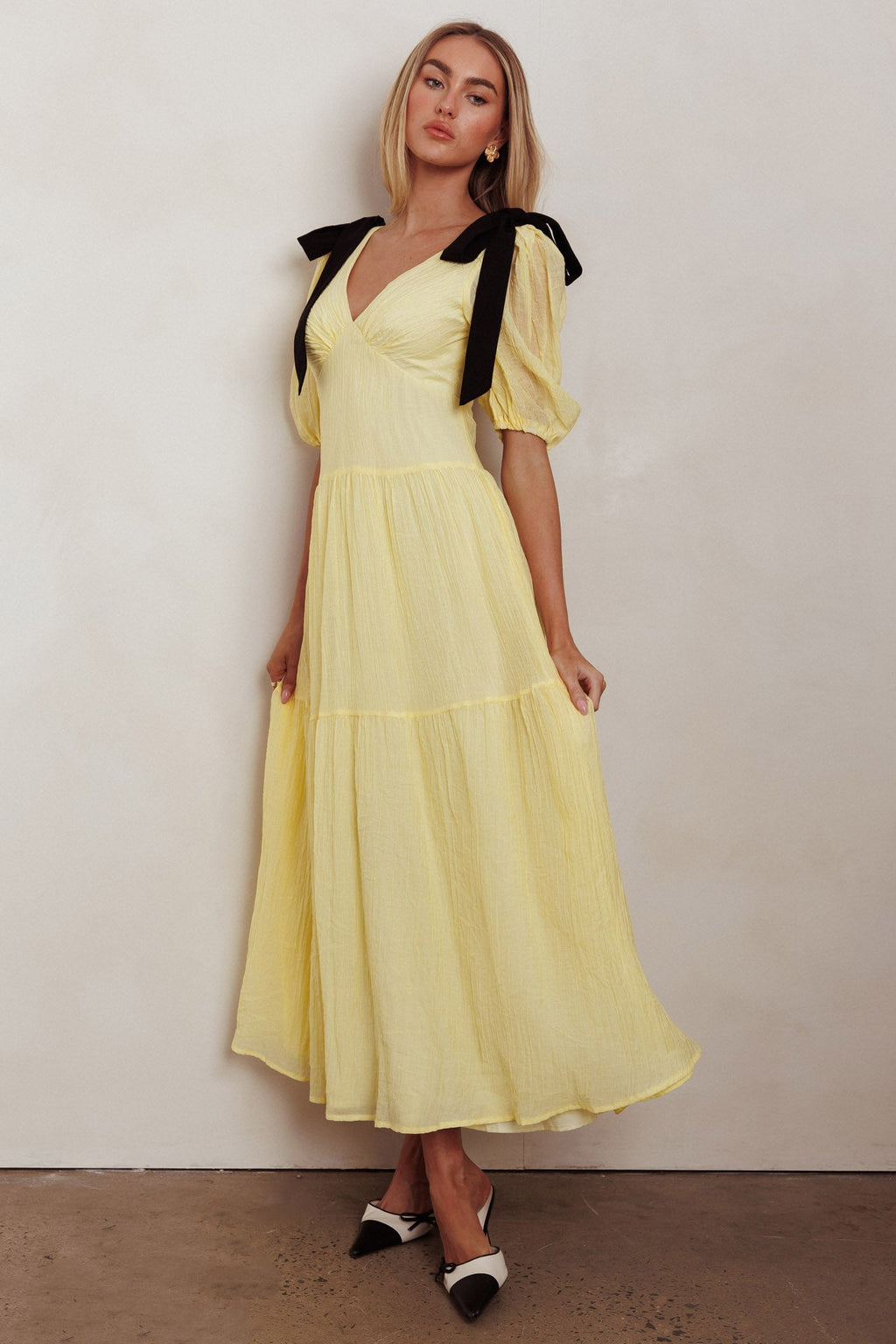 Sinta Bow Shoulder Puff Sleeve Maxi Dress Lemon