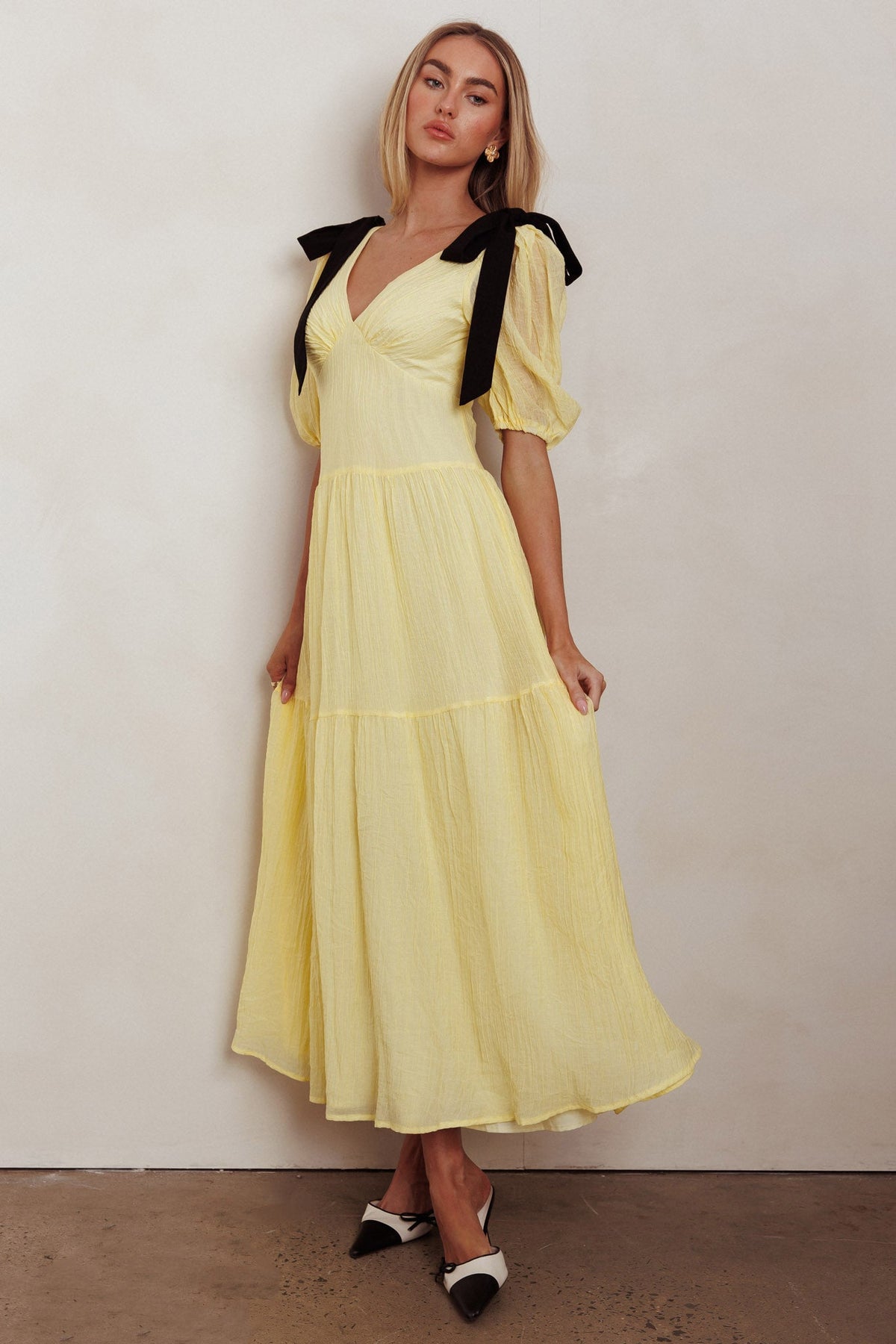 Sinta Bow Shoulder Puff Sleeve Maxi Dress Lemon