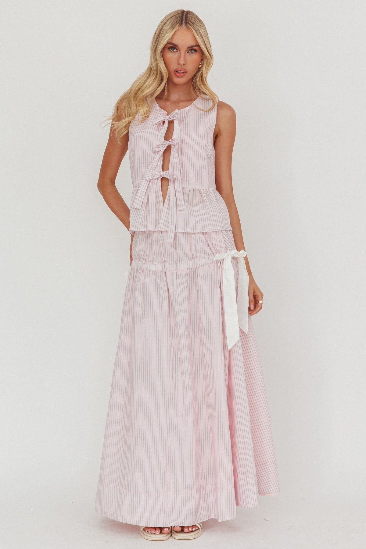 Salty Sea Tie Front Sleeveless Top Stripe Blush