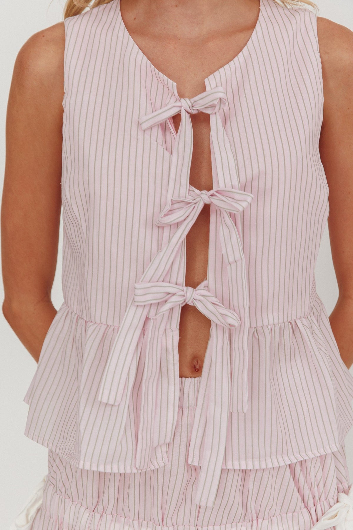 Salty Sea Tie Front Sleeveless Top Stripe Blush
