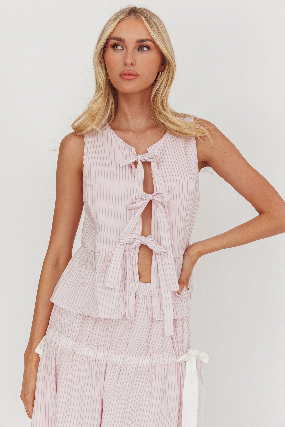 Salty Sea Tie Front Sleeveless Top Stripe Blush