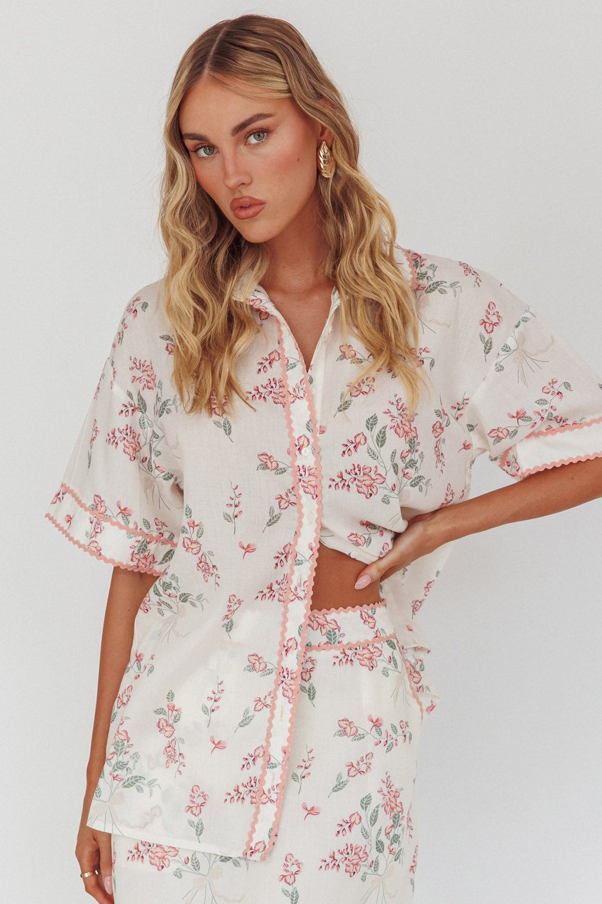 Catherina Ric-Rac Trim Button-Up Shirt Floral Pink