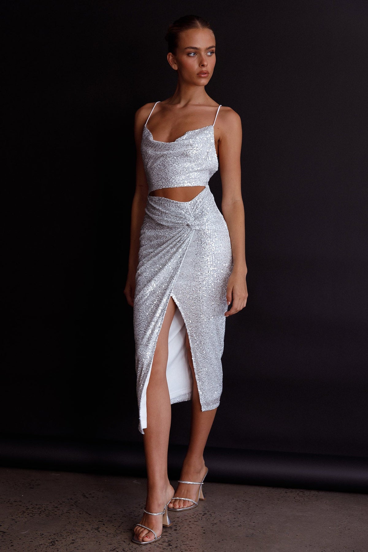 Miami Nights Cowl Neckline Twist Feature Midi Dress Sequin Silver