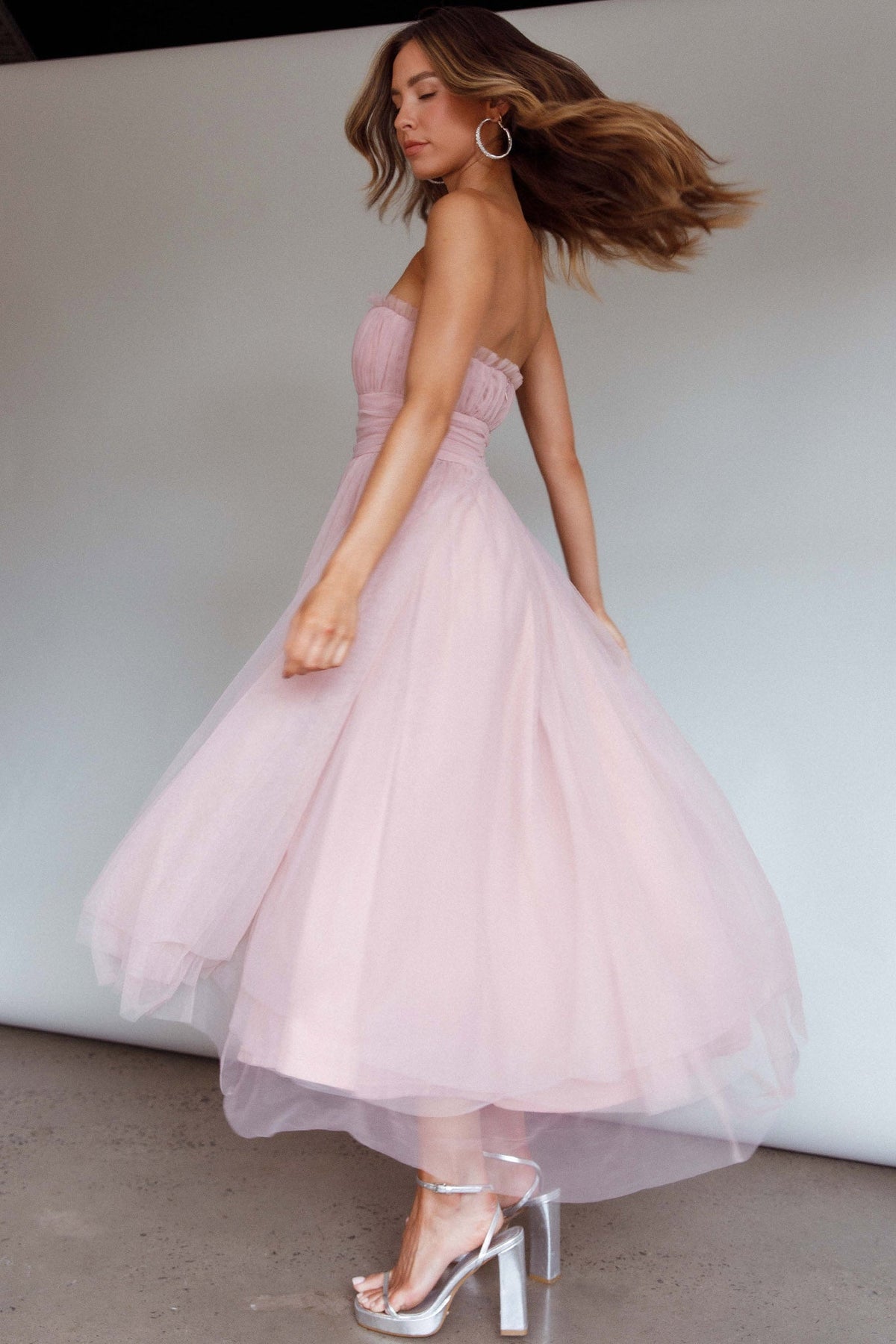 Fayette Strapless Mesh Midi Dress Blush