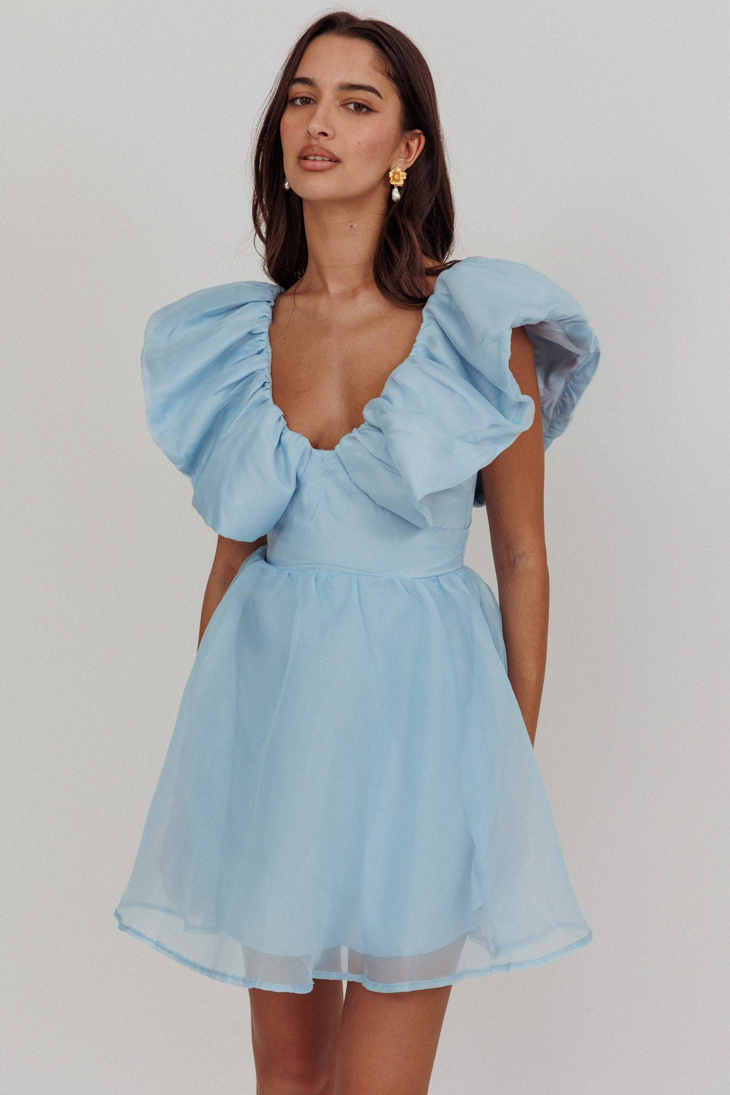 Kahlo Ruffle Neckline Mini Dress Blue