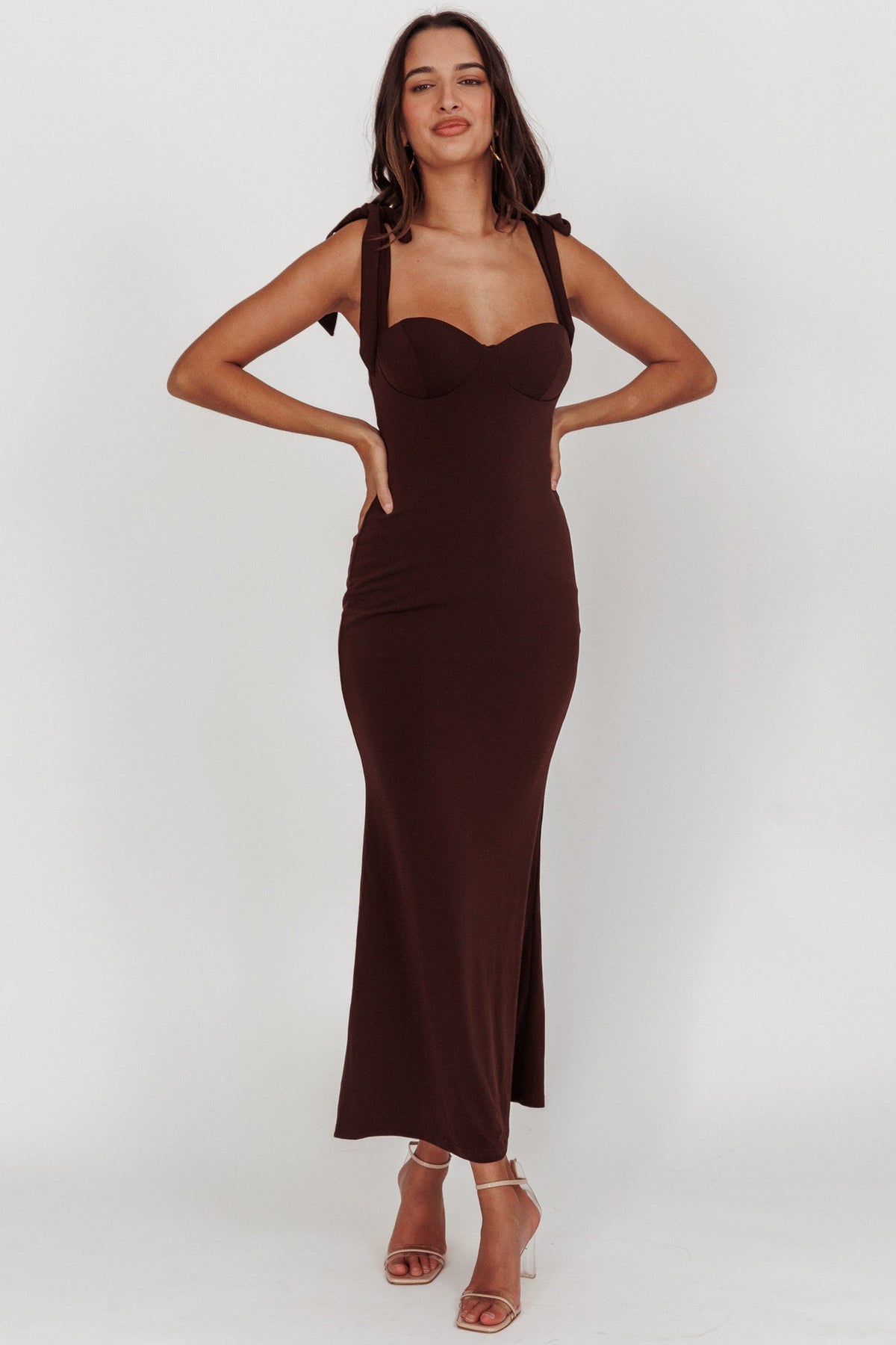 Rose Garden Tied Shoulder Maxi Dress Brown